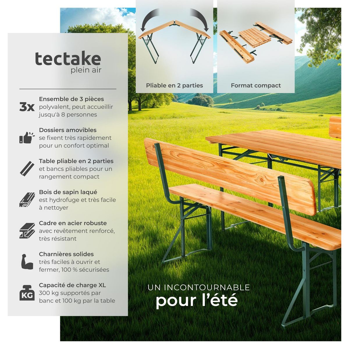 tectake Ensemble table et bancs de brasserie 3 pièces pliables avec dossiers amovibles marron