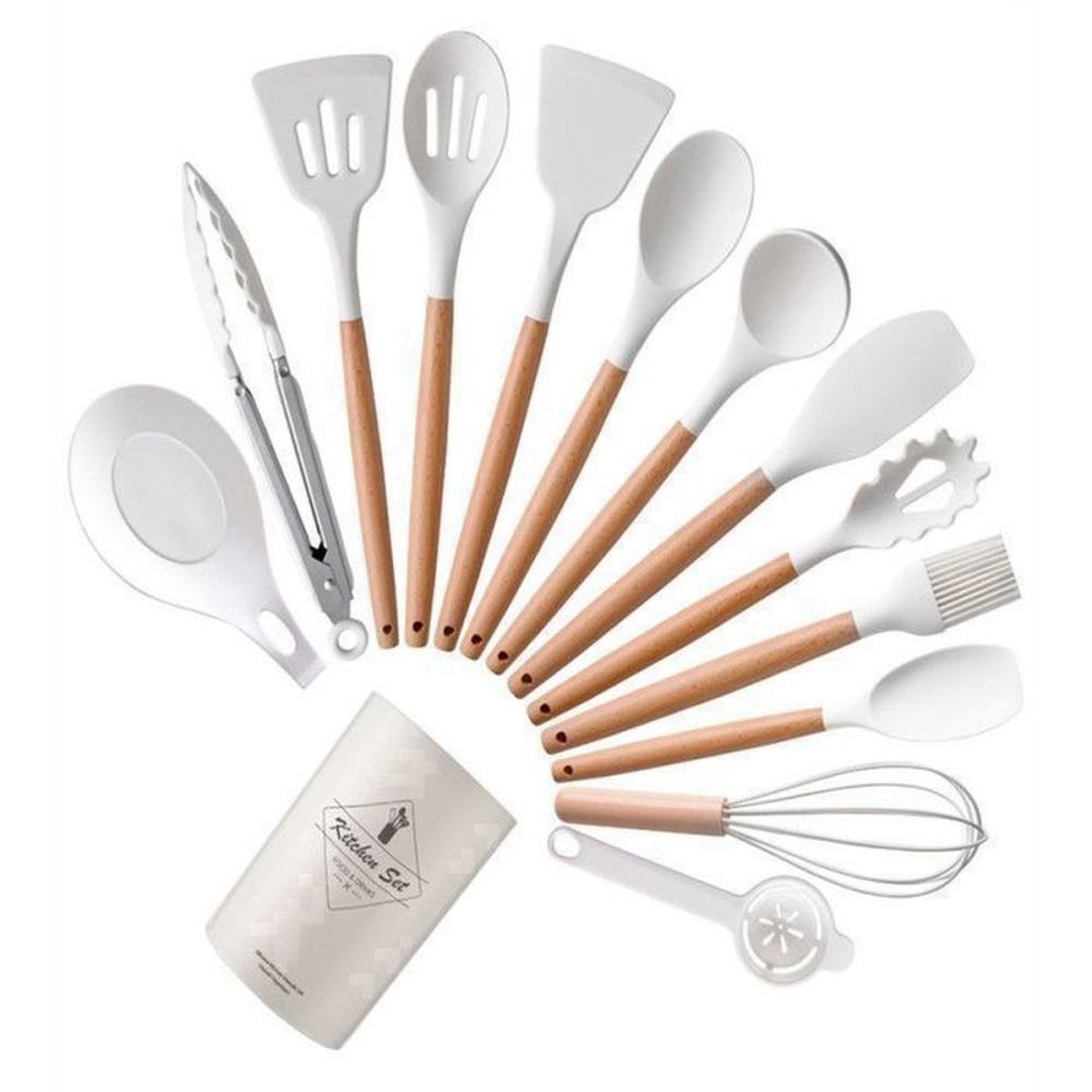 Set d'ustensiles de cuisine en silicone alimentaire 14 pièces blanc, antiadhésifs, résistance 250°C, compatible lave-vaisselle