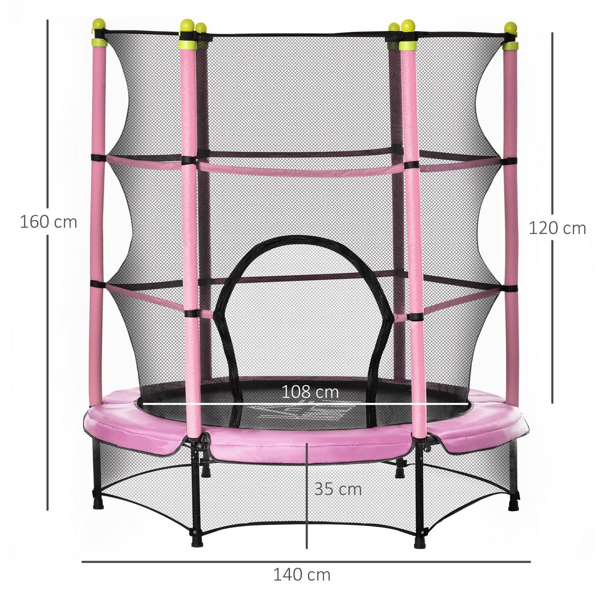 HOMCOM Trampoline enfant Ø 1,40 × 1,60H m filet de sécurité porte zipée couvre-ressorts 6 poteaux rembourrés inclus rose