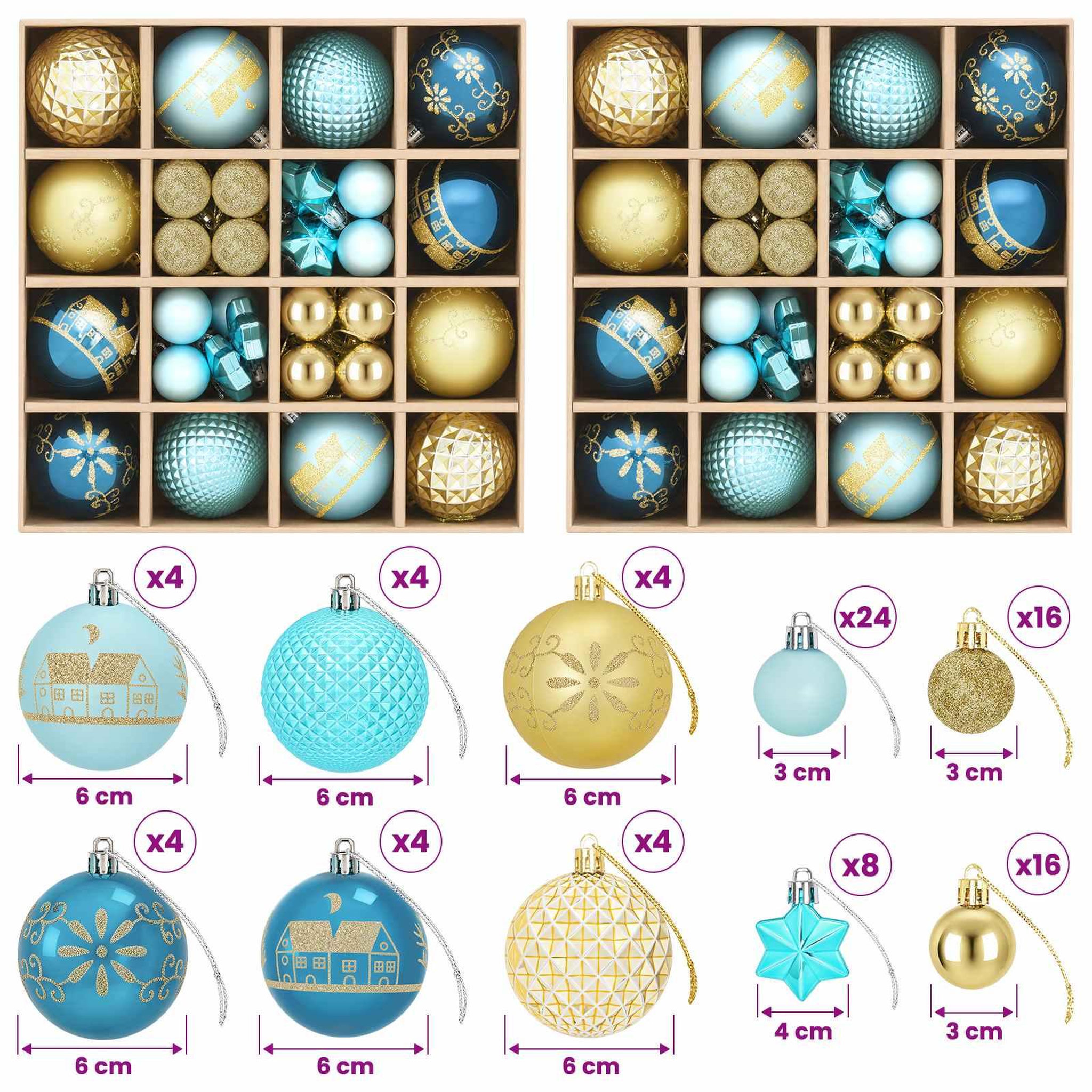 Voir la diapositive 3 : VIDAXL Ensemble de boules de Noël 88 pc Bleu fonce, bleu clair et dore