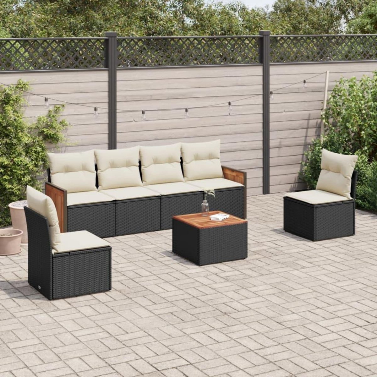 VIDAXL Salon de jardin 7 pcs avec coussins noir resine tressee