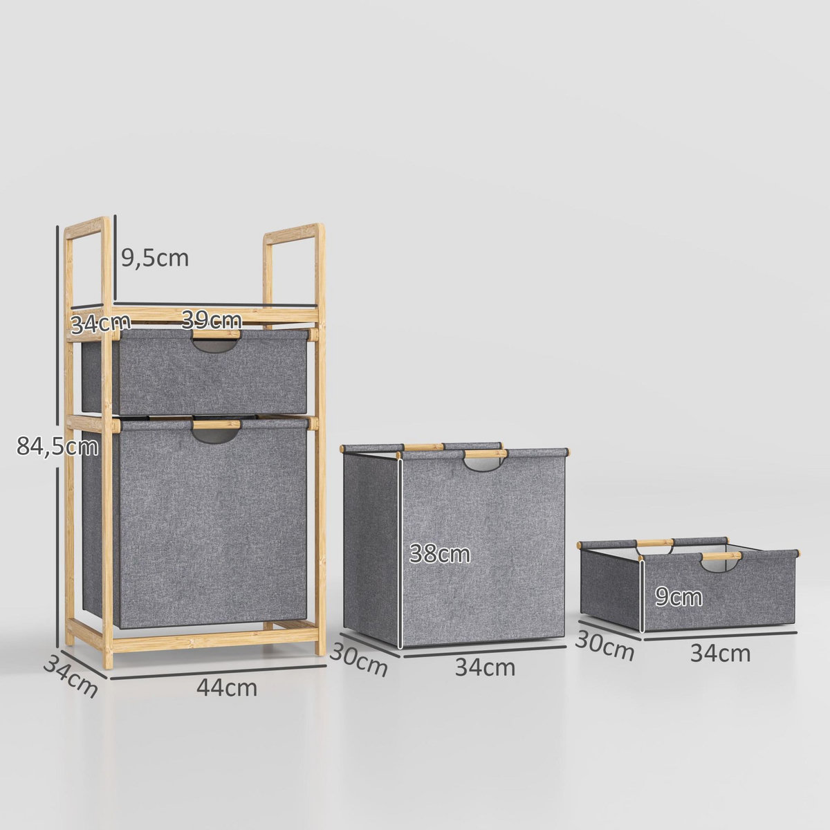 HOMCOM Panier à linge en bambou - panier à linge 2 bacs et étagère - panier à linge double - tissu gris