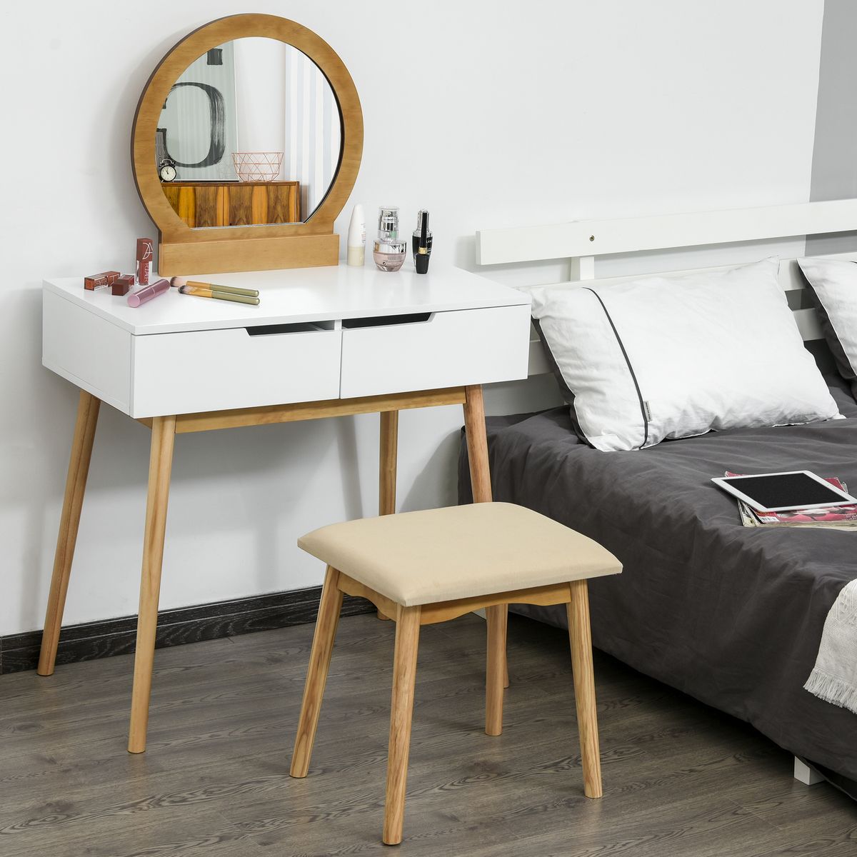 HOMCOM Coiffeuse design scandinave table de maquillage avec miroir, 2 tiroirs et tabouret blanc pin clair