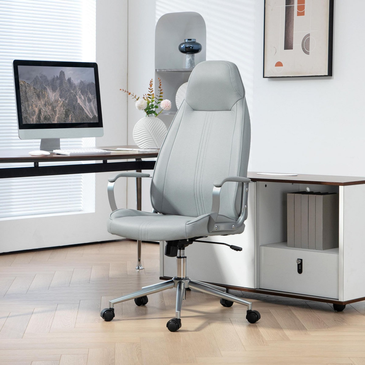 HOMCOM Chaise de bureau manager design hauteur réglable accoudoirs rembourrés métal tissu gris argenté