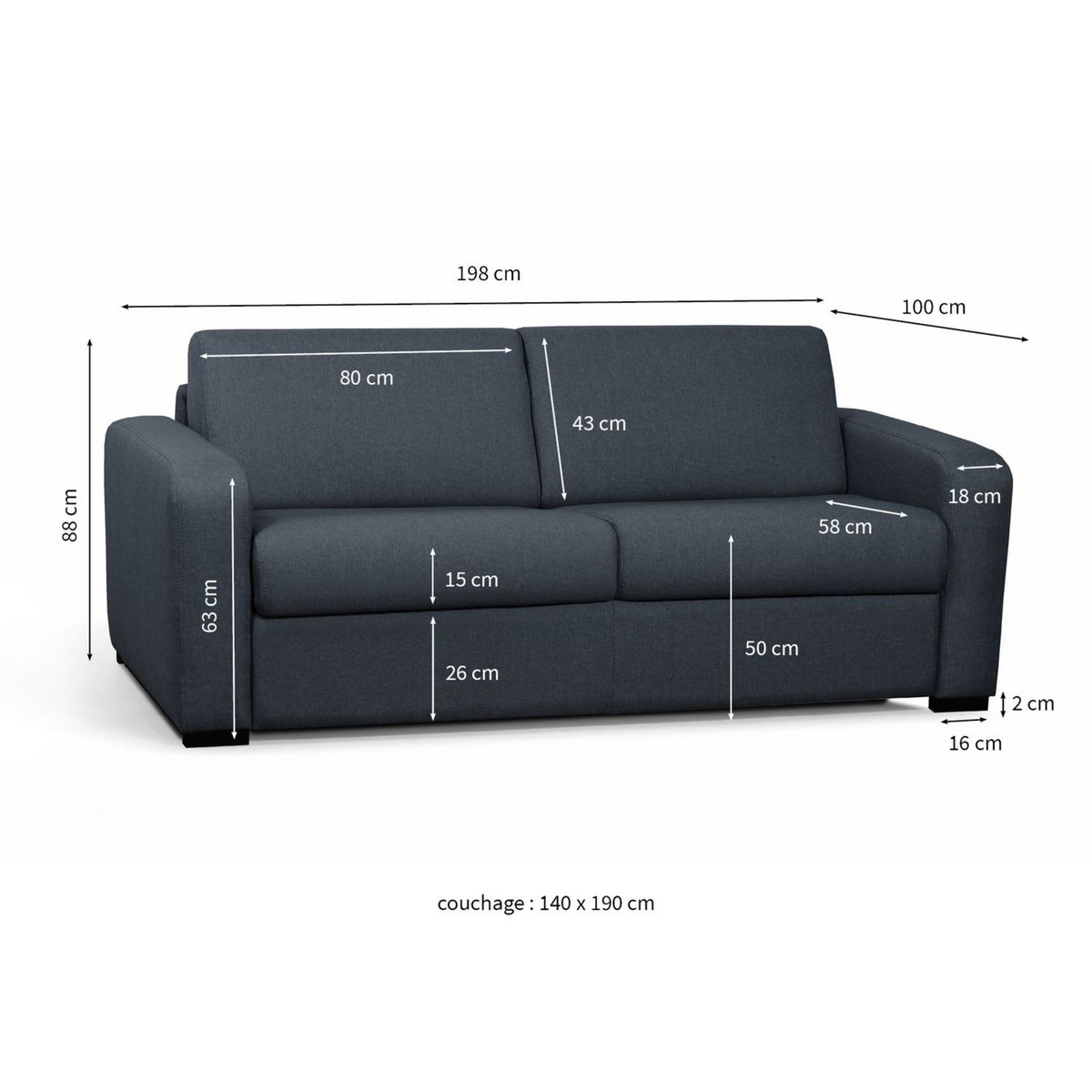 Canapé convertible système couchage express matelas 160x200 13cm 3 places en tissu  DYLAN 