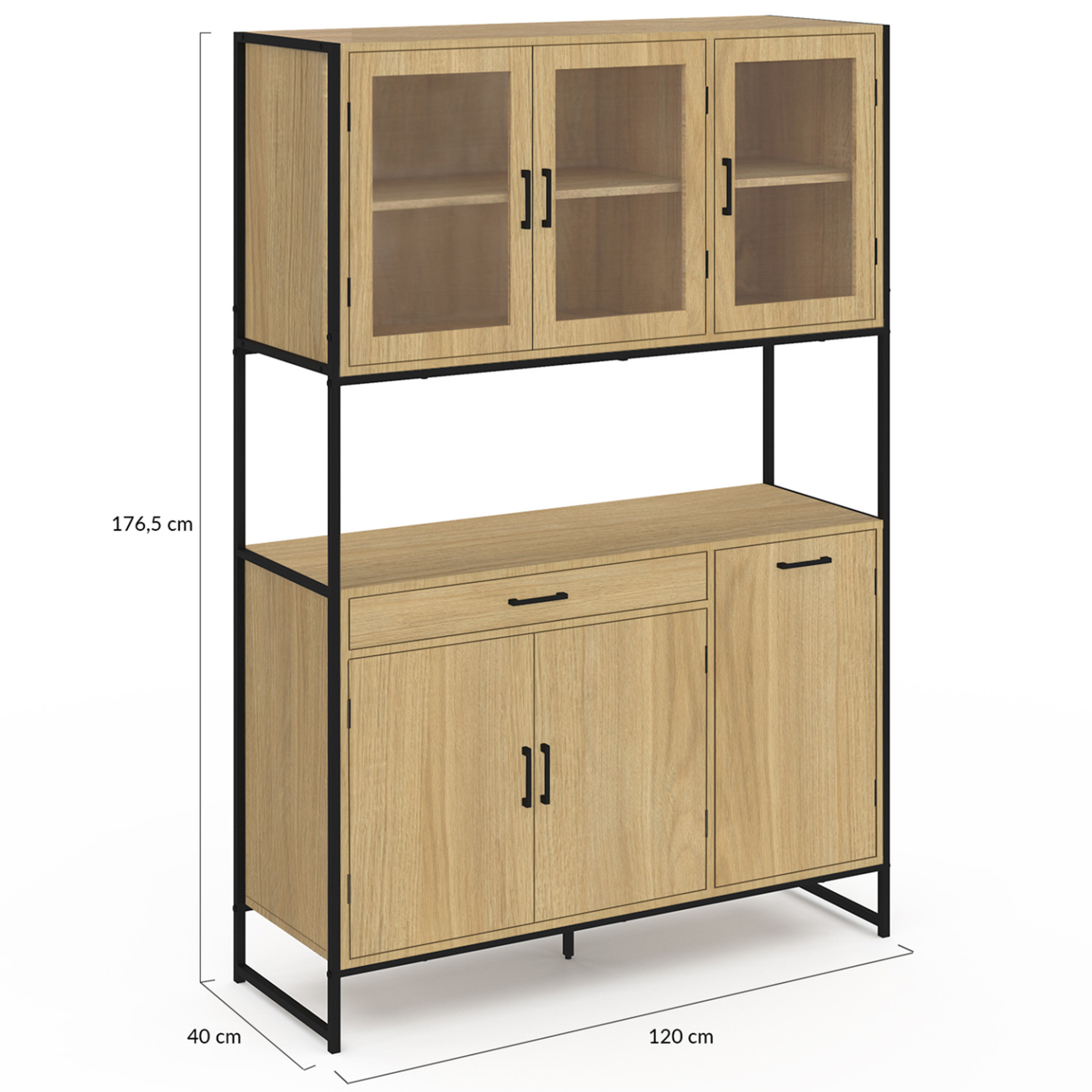 Voir la diapositive 5 : ID MARKET Buffet de cuisine vitré 120 cm detroit meuble vaisselier 6 portes design industriel + tiroir