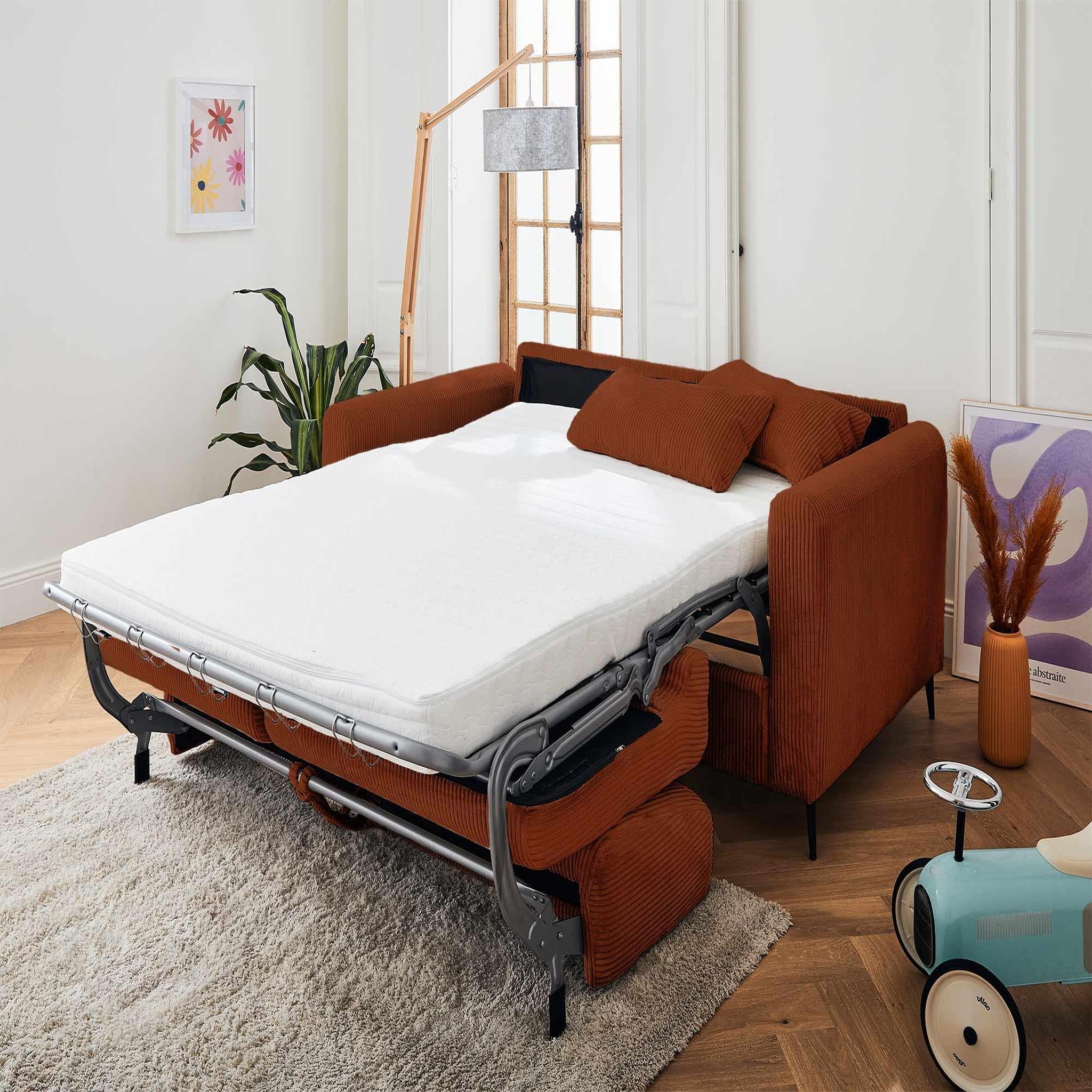 Voir la diapositive 2 : LISA DESIGN Owen - canapé 3 places convertible express couchage quotidien 140 cm matelas 12 cm en velours côtelé