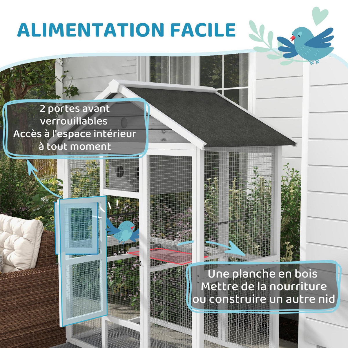 PAWHUT Cage oiseau grande taille - volière à oiseaux dim. 112 x 68 x 154 cm - nombreux accessoires - métal bois blanc gris noir