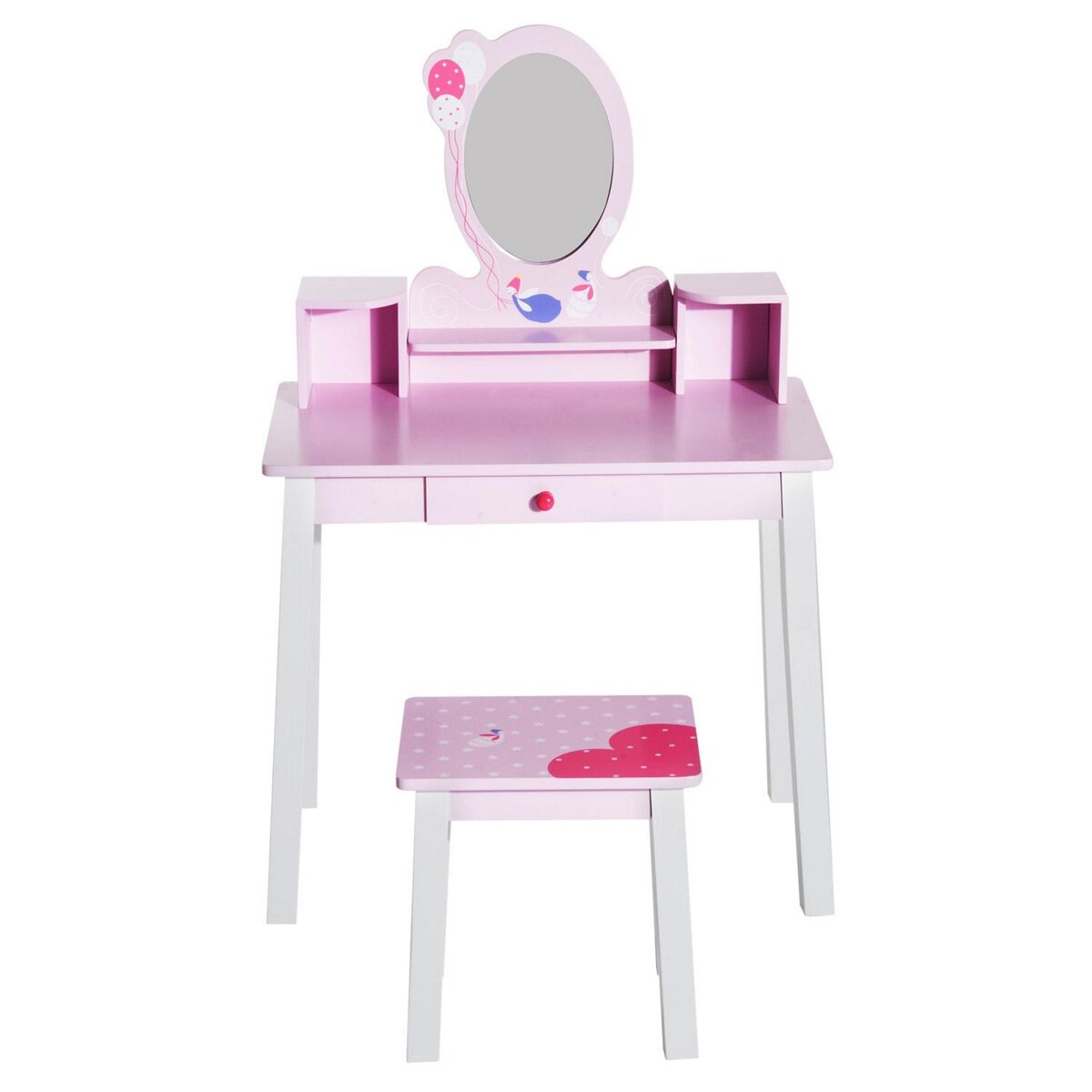 HOMCOM Coiffeuse enfant - tabouret inclus - table de maquillage dim. 60L x 34l x 93H cm - tiroir, étagères, miroir - bois de pin, MDF - rose blanc