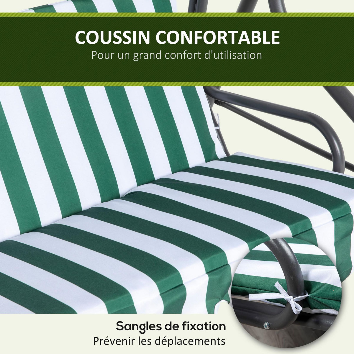 OUTSUNNY Balancelle de jardin 3 places - toit inclinaison réglable - coussins assise et dossier - gris blanc vert