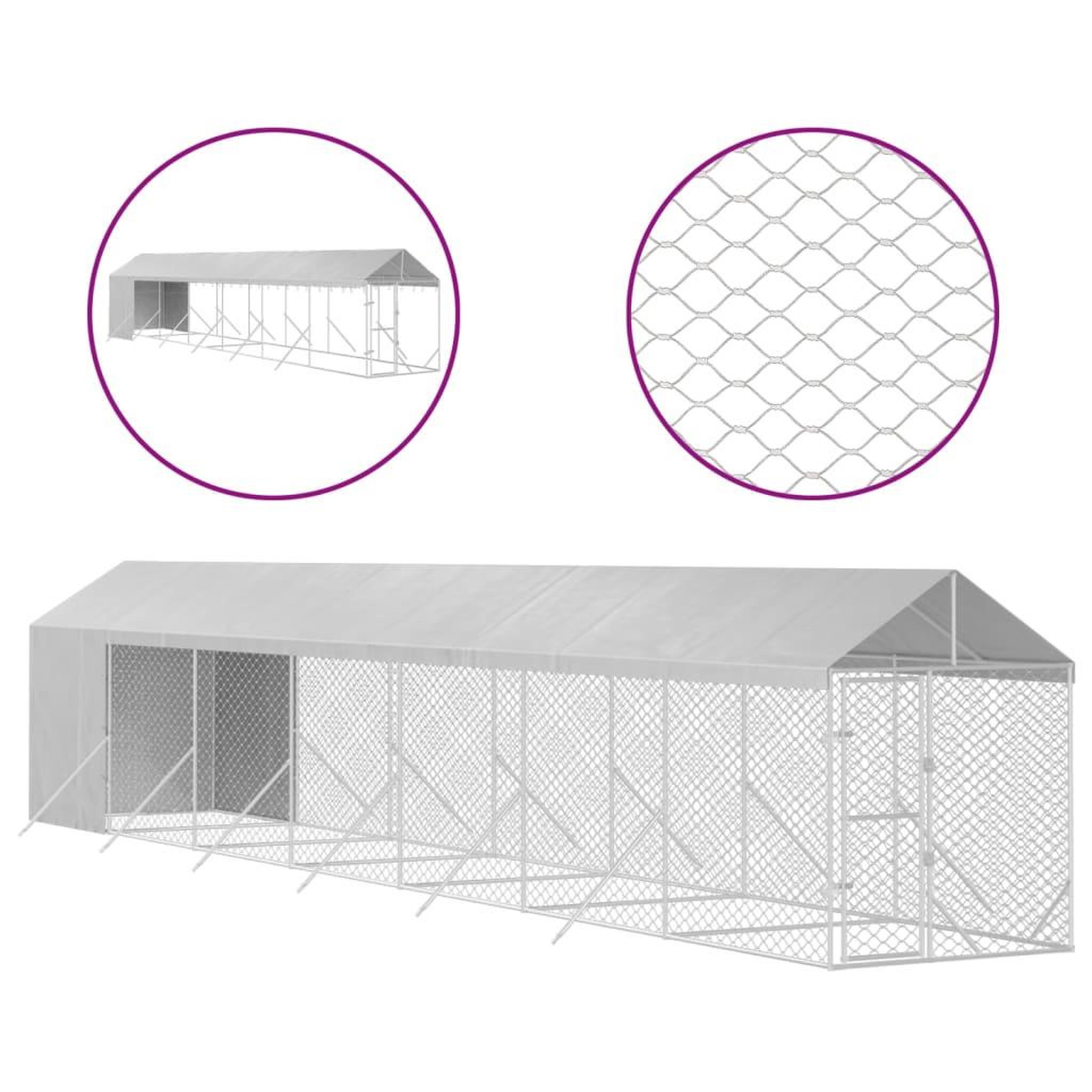 Voir la diapositive 2 : VIDAXL Chenil d'exterieur pour chiens avec toit argente 2x14x2,5 m