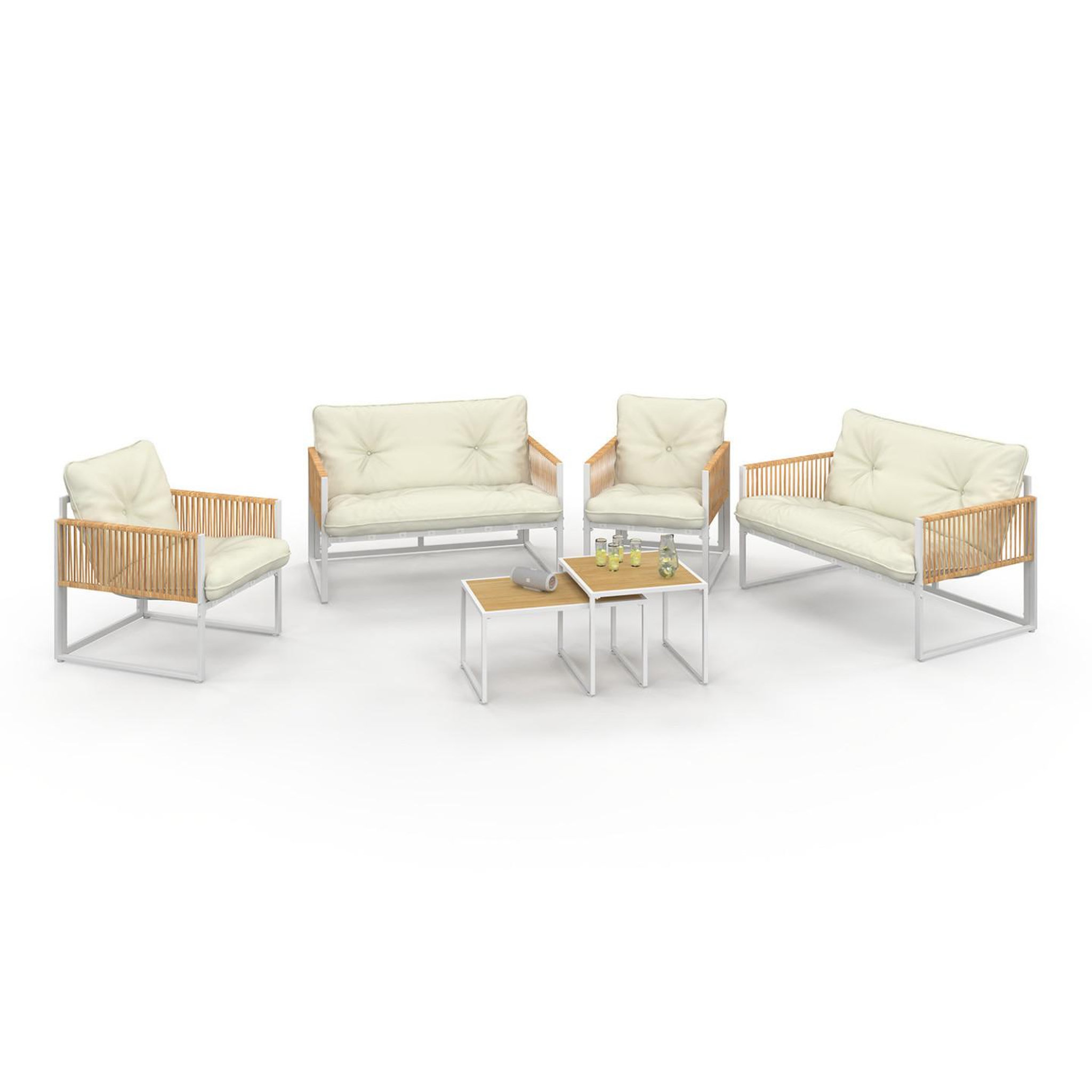 ID MARKET Salon de jardin bas rio 6 places structure métal blanc et cordage effet rotin avec coussins beige