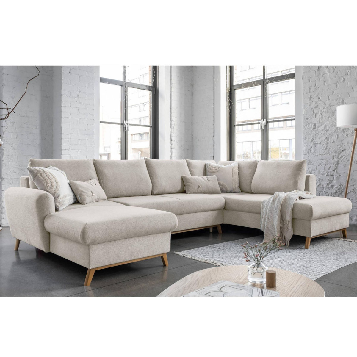 BEST MOBILIER Lagom - canapé d'angle panoramique - convertible - avec coffre - en tissu - 7 places - droit