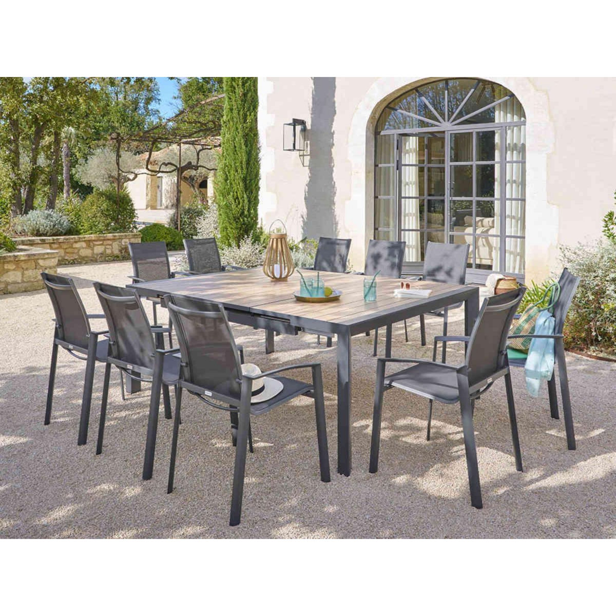HESPERIDE Table de jardin carrée extensible alu Evasion 8/10 places effet bois honey et graphite - Hespéride