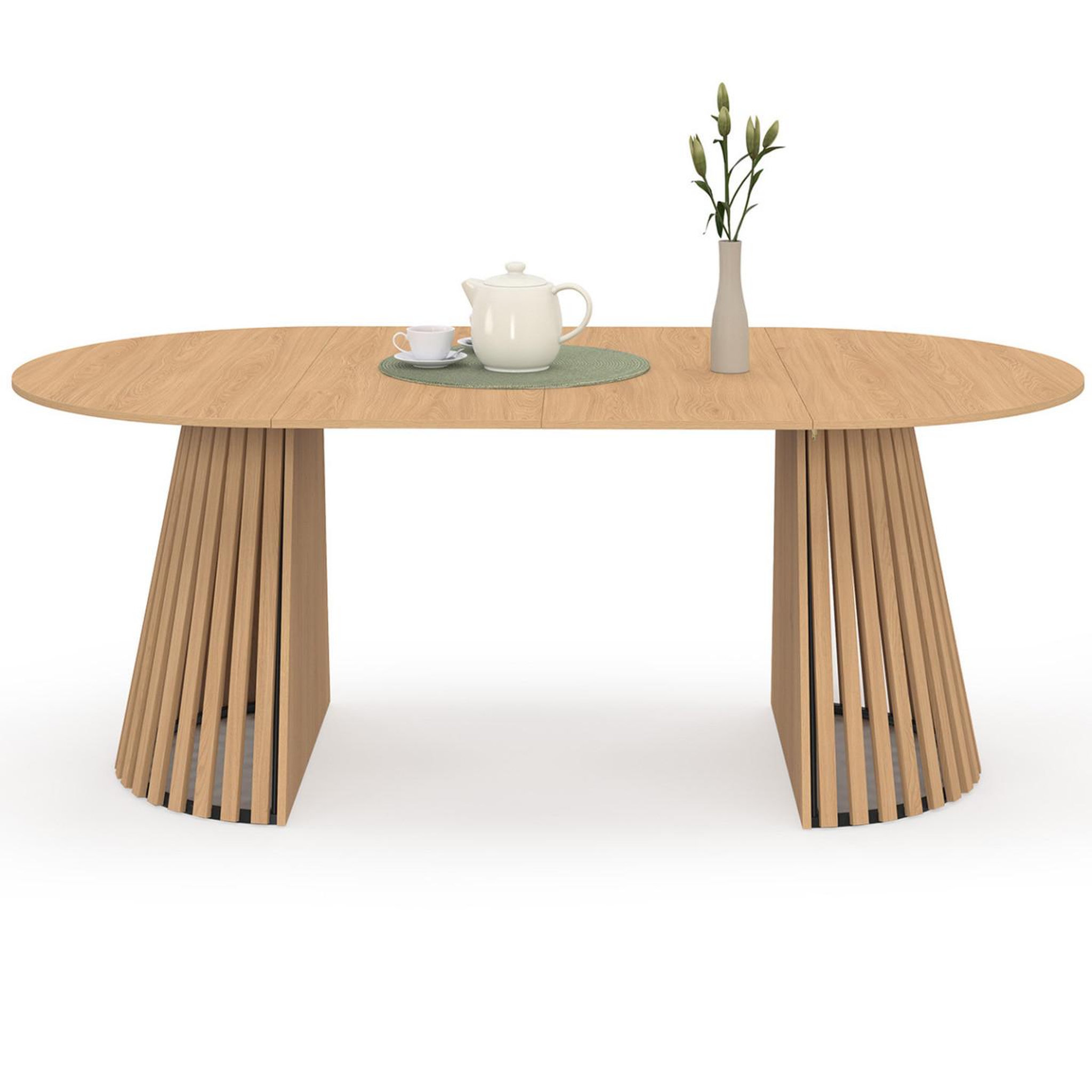 ID MARKET Table à manger extensible ronde carmen 4-10 personnes pied bois en lattes et plateau bois 110-200 cm