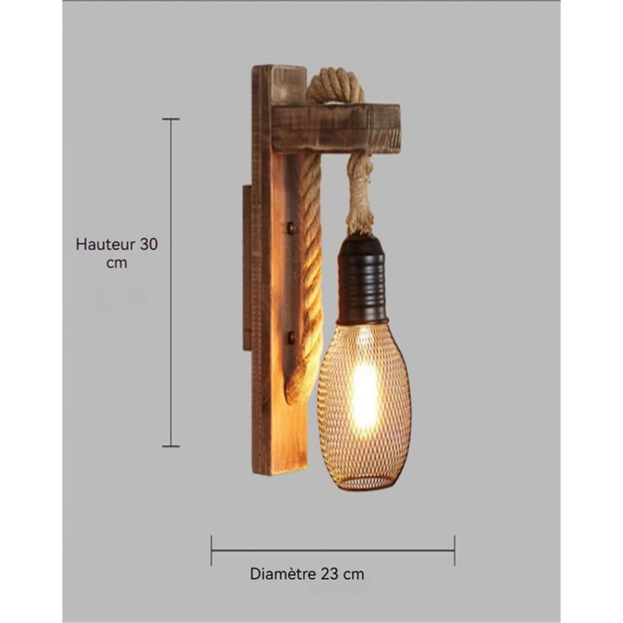 Voir la diapositive 6 : Applique murale rétro en bois de pin massif et corde de chanvre tressée, abat-jour grille métal noir, culot E27