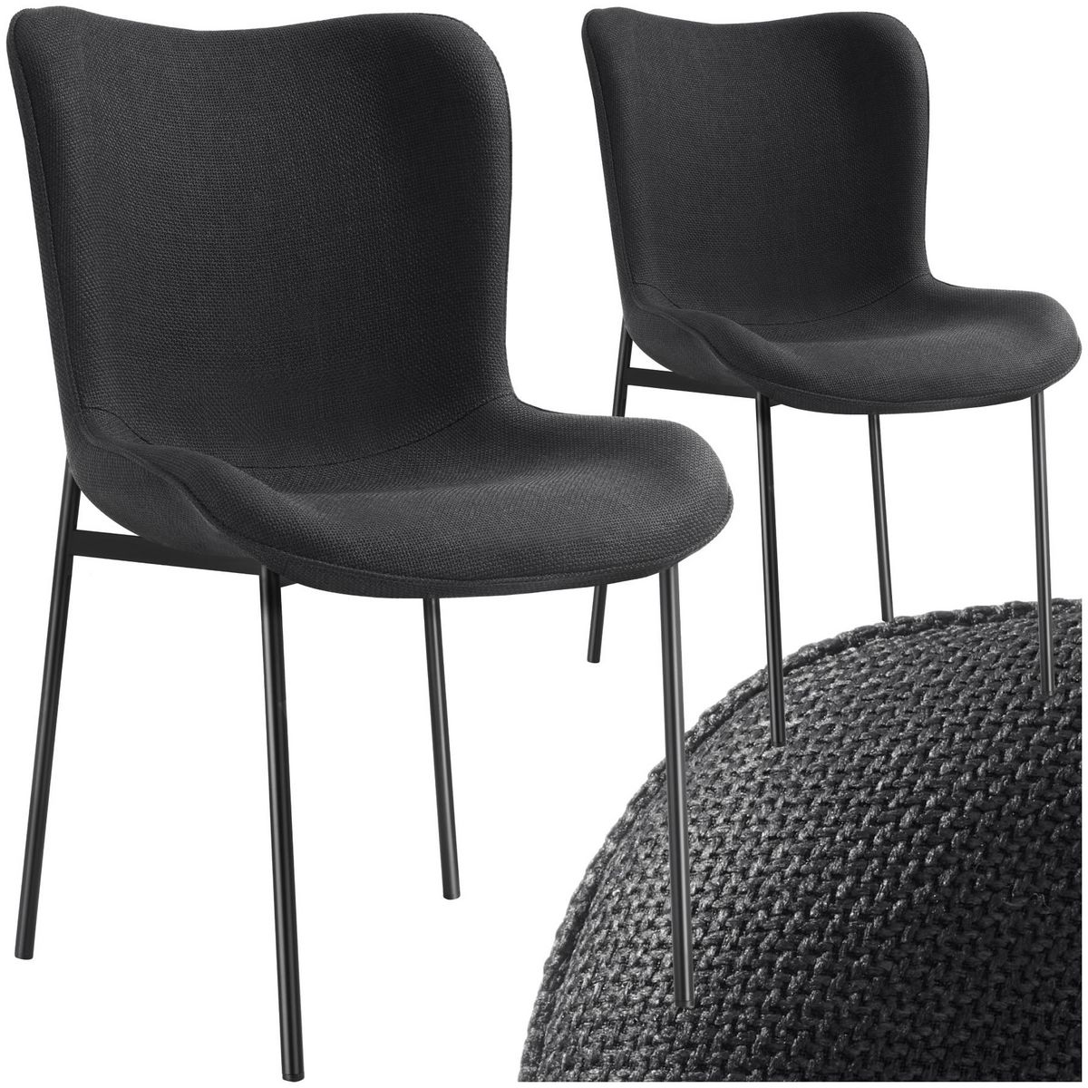 tectake Chaise rembourrée forme ergonomique avec dossier haut Tissu noir/noir Lot de 2
