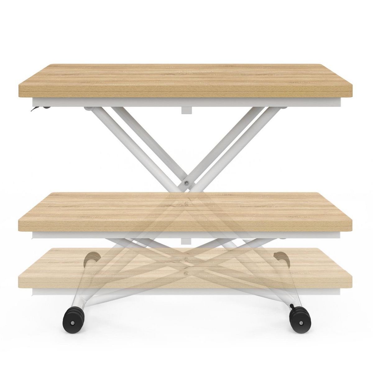 ID MARKET Table basse extensible relevable en table à manger rectangulaire URBANA plateau façon hêtre pied blanc