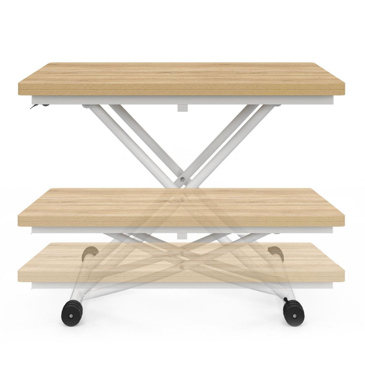 ID MARKET Table basse extensible relevable en table à manger rectangulaire URBANA plateau façon hêtre pied blanc