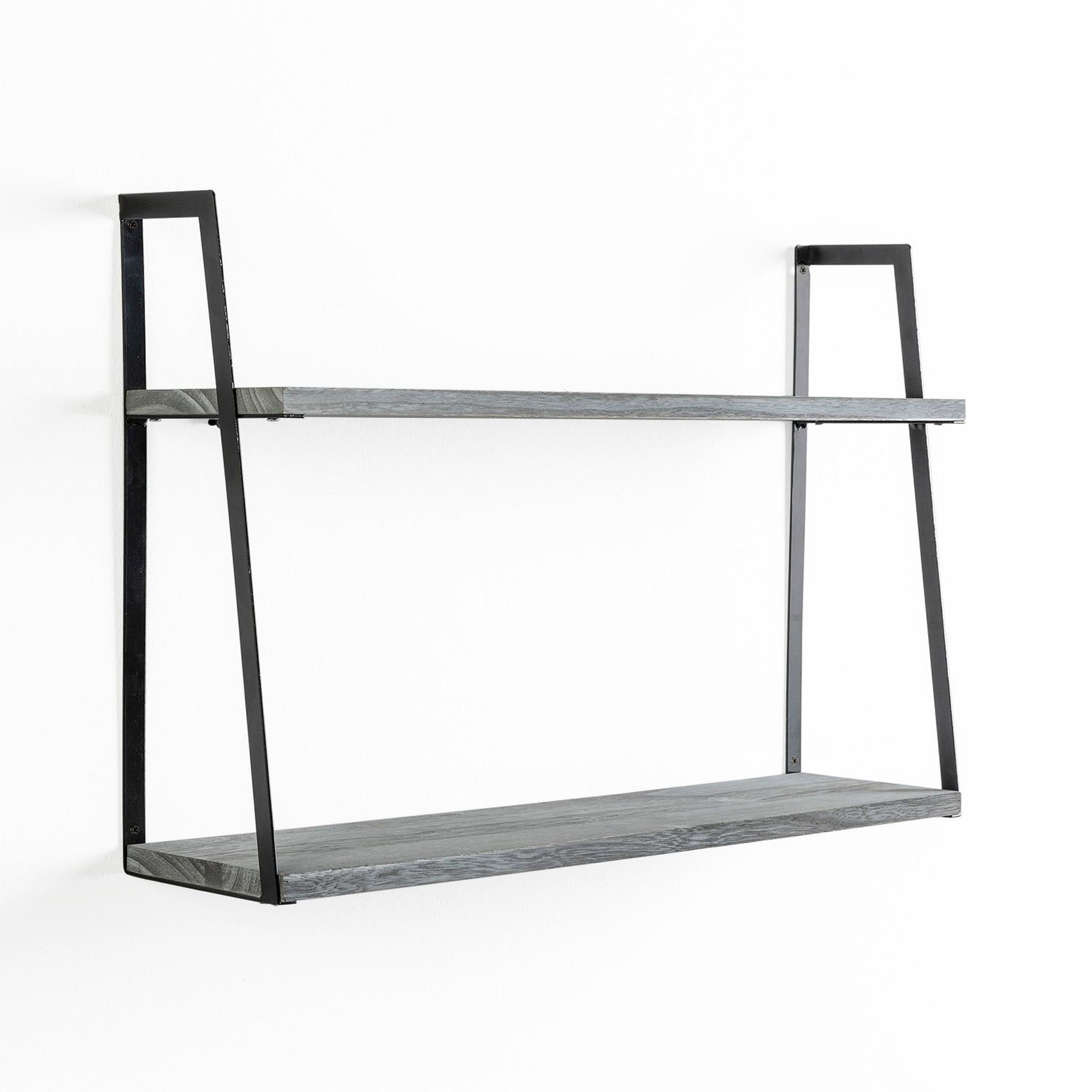 VS VENTA-STOCK Set de 2 étagères murales Eloi 2 niveaux gris, bois de paulownia