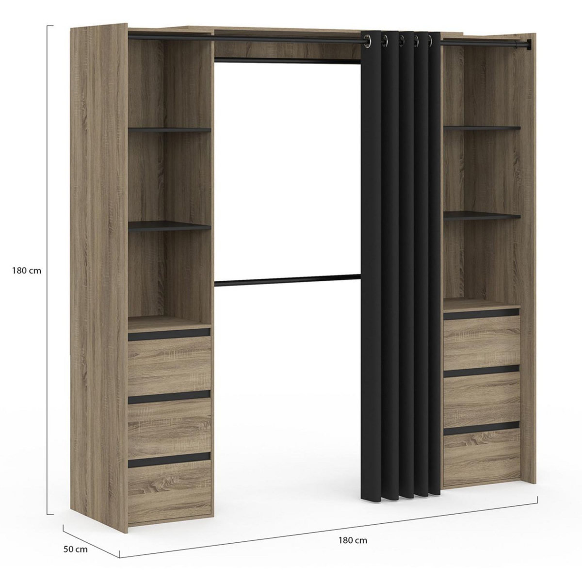 ID MARKET Dressing extensible double MERYL 120/180 cm hêtre avec 6 tiroirs + étagères + double penderie + rideau noir