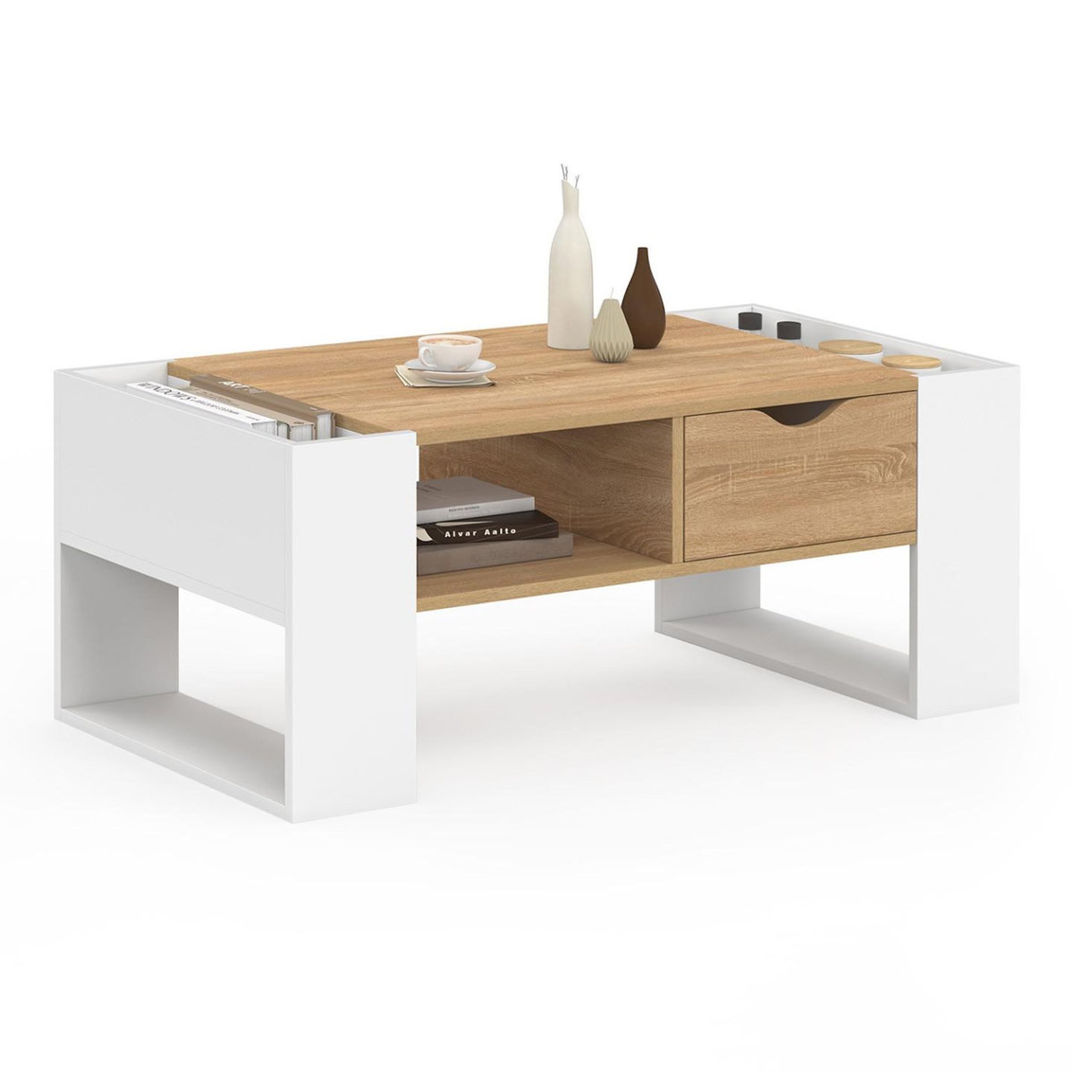 ID MARKET Table basse rectangulaire BERYL avec tiroir bois blanc et façon hêtre