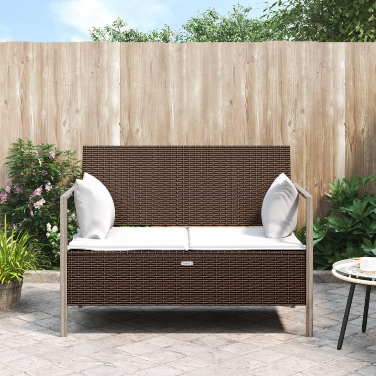VIDAXL Banc de jardin a 2 places avec coussins Marron Resine tressee