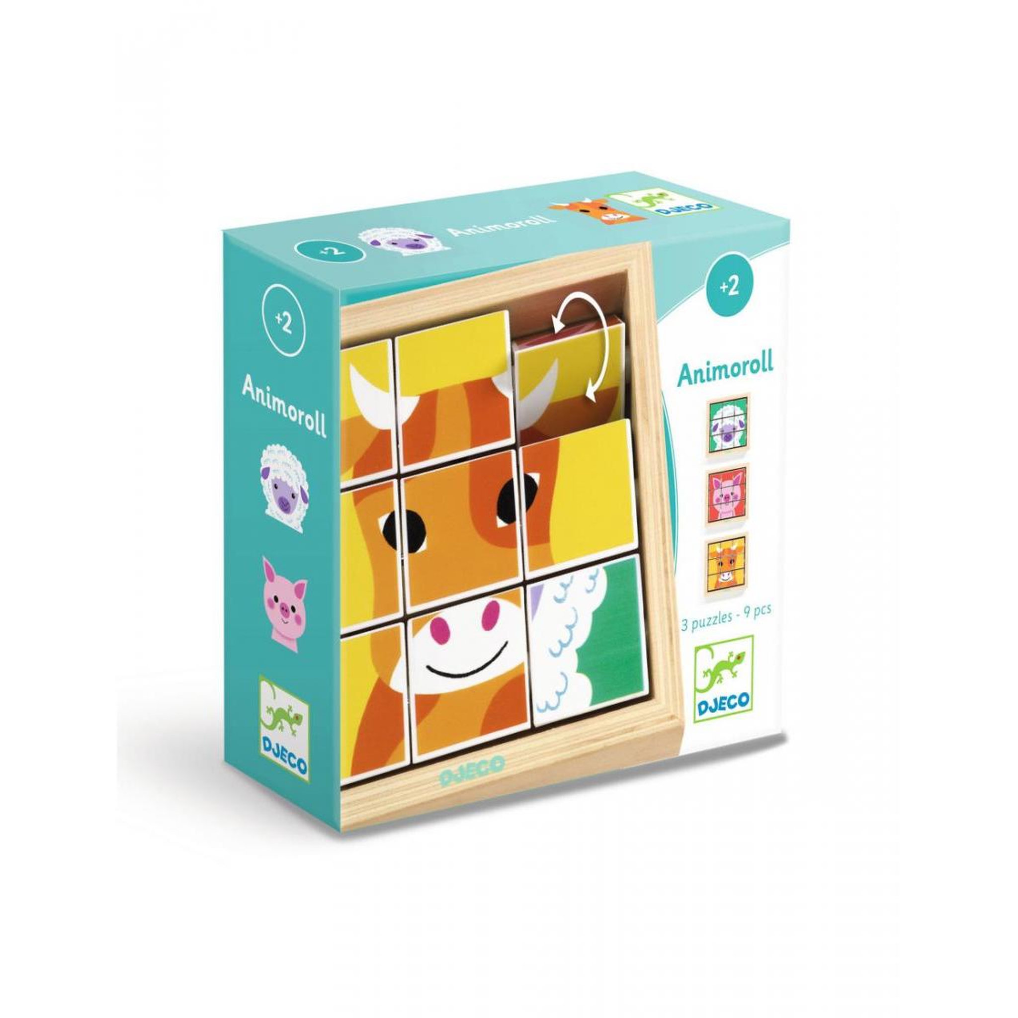Voir la diapositive 2 : Djeco 9 Cubes puzzle en bois - Animoroll