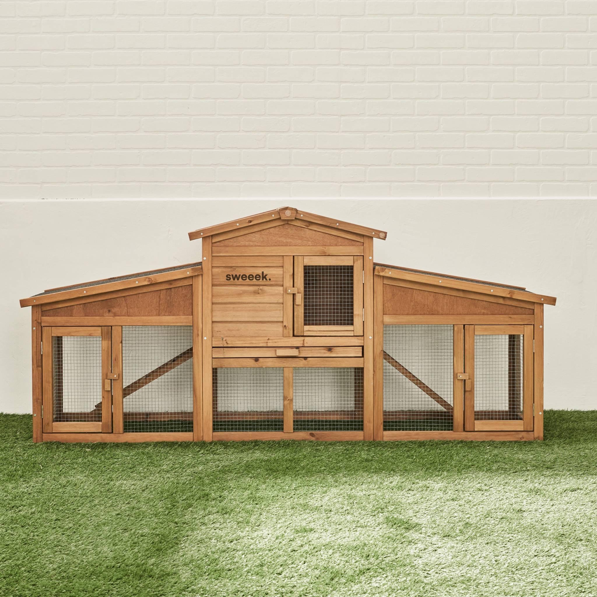 Voir la diapositive 3 : SWEEEK Clapier en bois Angora pour lapin et autres rongeurs. 4 lapins. cage à lapin avec enclos. espace intérieur et extérieur. poulailler