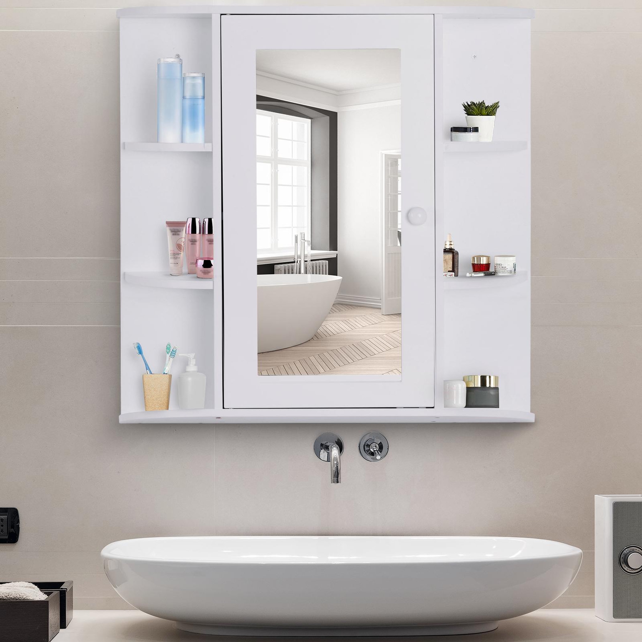 Voir la diapositive 2 : HOMCOM Armoire murale salle de bain armoire à glace placard de rangement toilettes 1 porte + étagères latérales mdf blanc