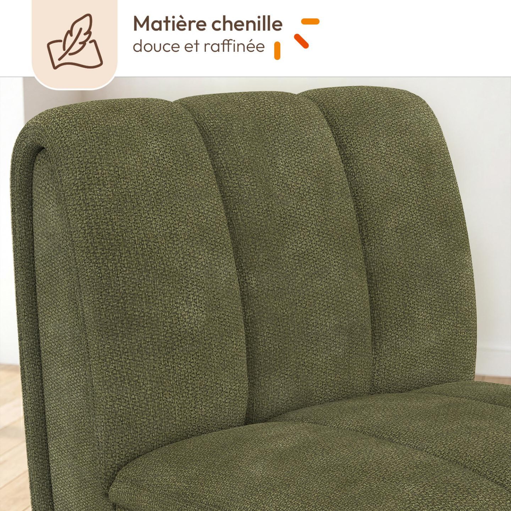 Voir la diapositive 4 : ID MARKET Fauteuil HECTOR tissu chenille vert et pieds arrondis effet noyer