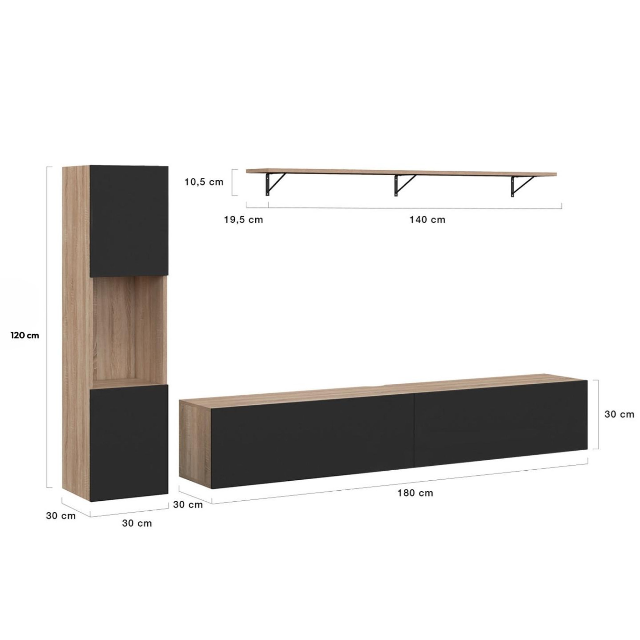 Voir la diapositive 4 : ID MARKET Ensemble meuble tv 180 cm avec colonne et étagère elio bois et noir
