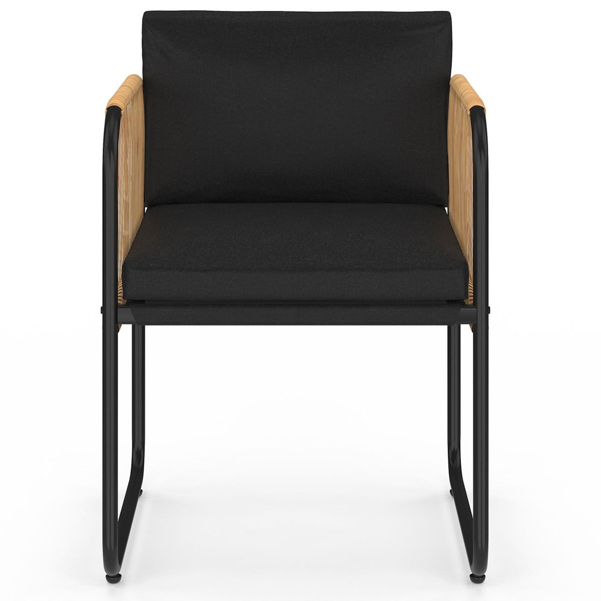 ID MARKET Lot de 4 chaises de jardin RIO structure métal noir, cordage effet rotin clair et coussins noirs