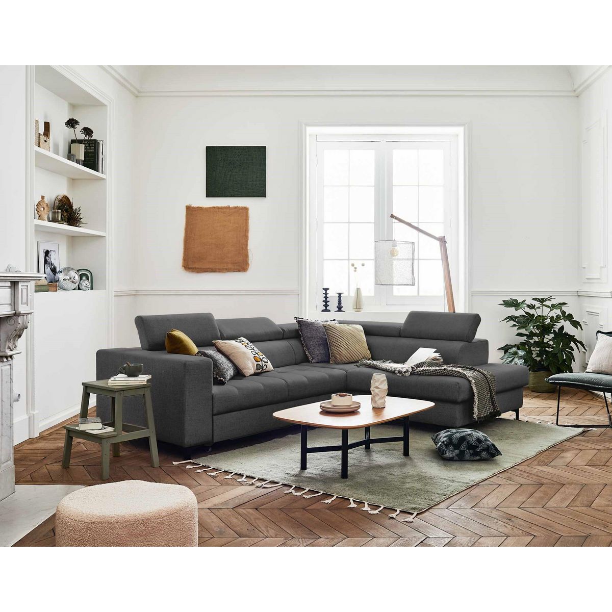 LISA DESIGN Olinda - canapé d'angle droit - 5 places - convertible avec coffre et têtières réglables - en tissu