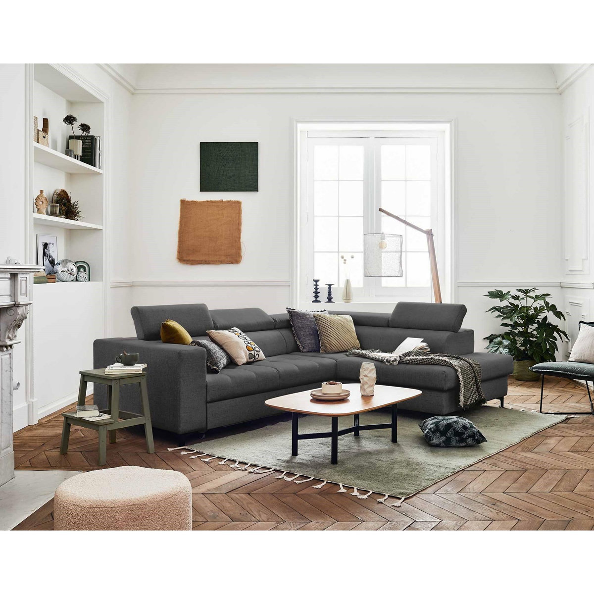 LISA DESIGN Olinda - canapé d'angle droit - 5 places - convertible avec coffre et têtières réglables - en tissu