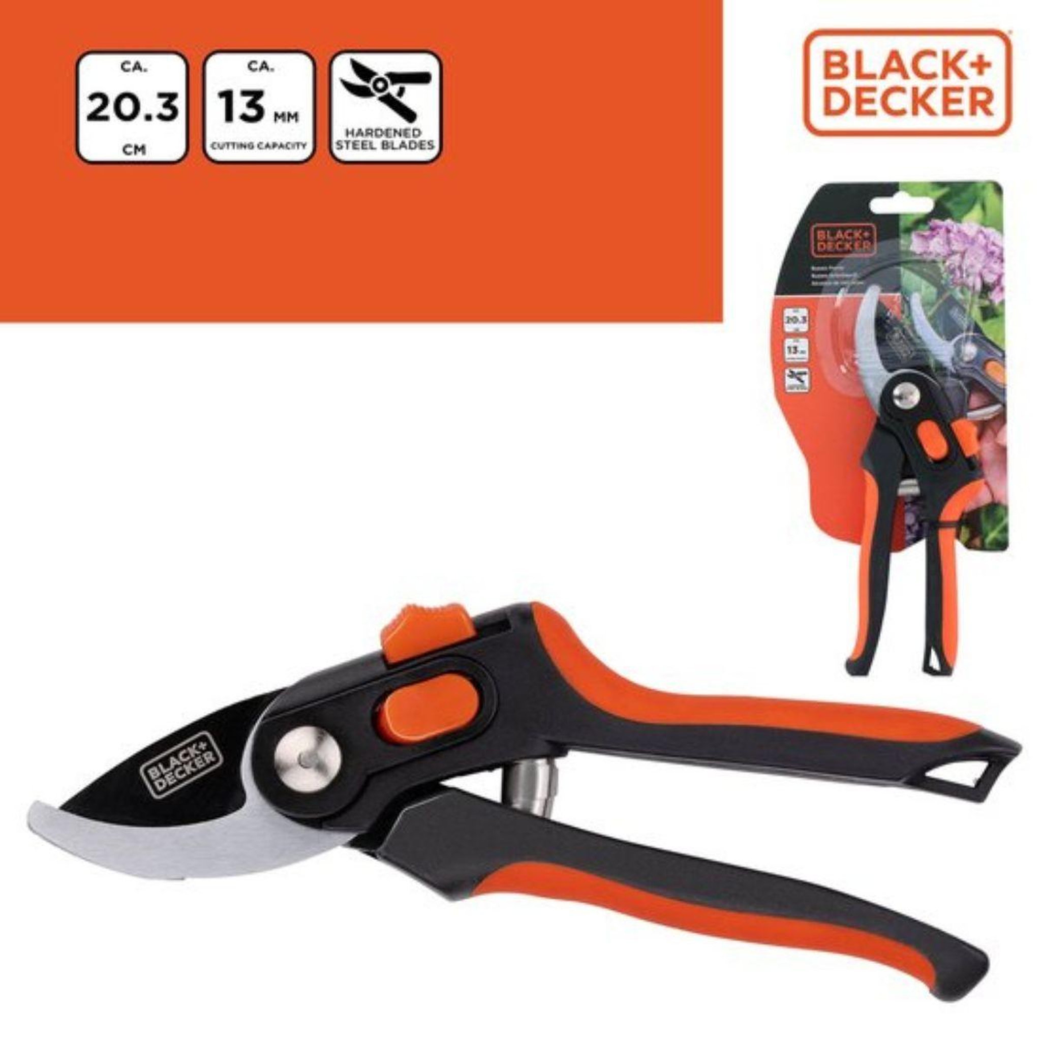 Voir la diapositive 6 : Black et Decker Sécateur de jardin 20.3cm Lame en acier trempé Coupe 13mm Cisaille de jardin Black et Decker
