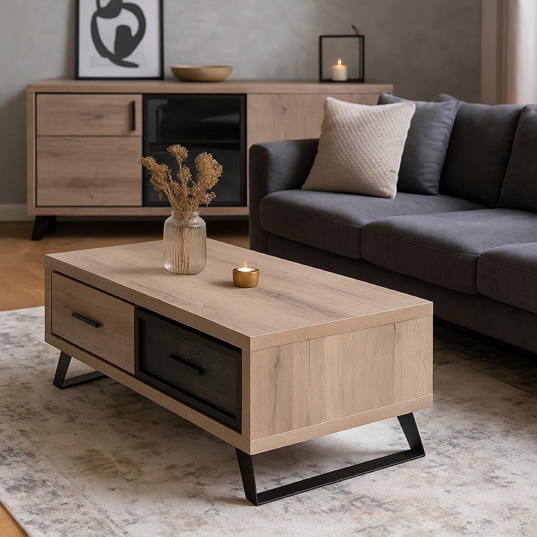 Voir la diapositive 2 : JLC KREATION Table basse contemporaine 2 tiroirs décor chêne pero