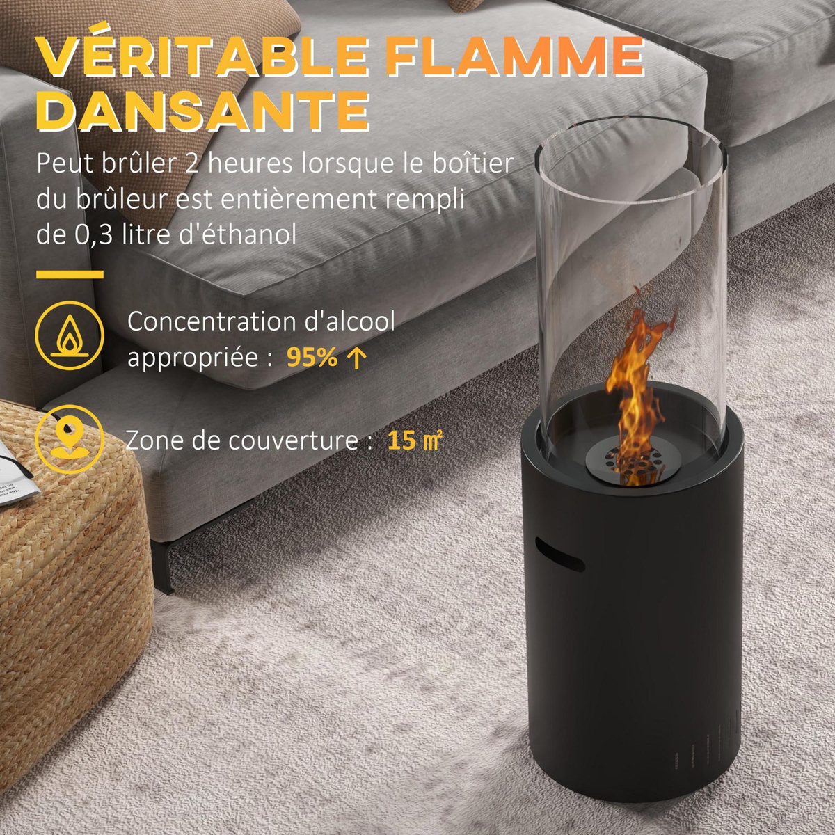 HOMCOM Cheminée au bioéthanol en acier et verre avec une capacité de 0,3 L et une capacité de chauffe de 15?, 27 x 27 x 82 cm, noir