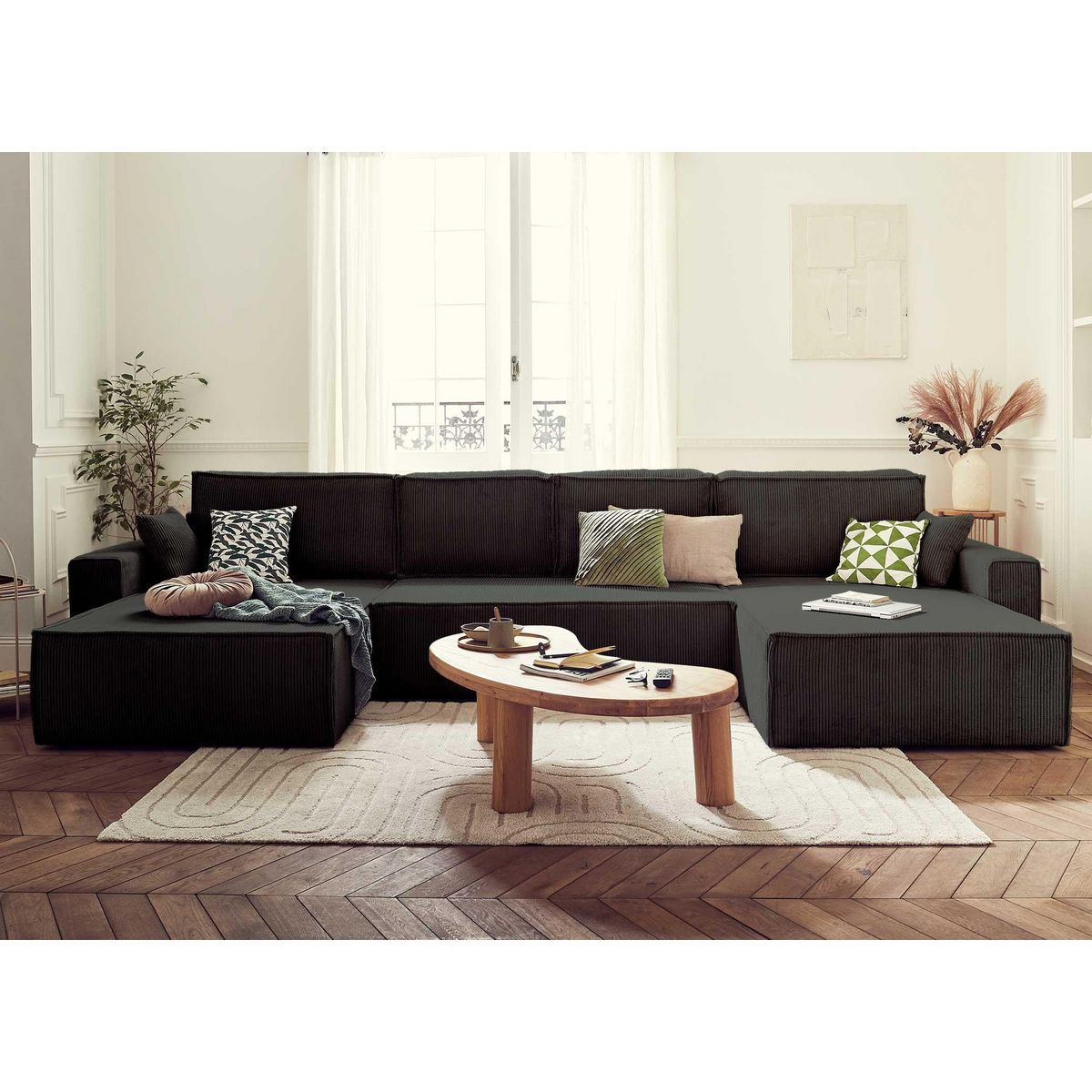 BEST MOBILIER Dellia - canapé panoramique en u - 7 places - convertible - avec coffre - en velours côtelé