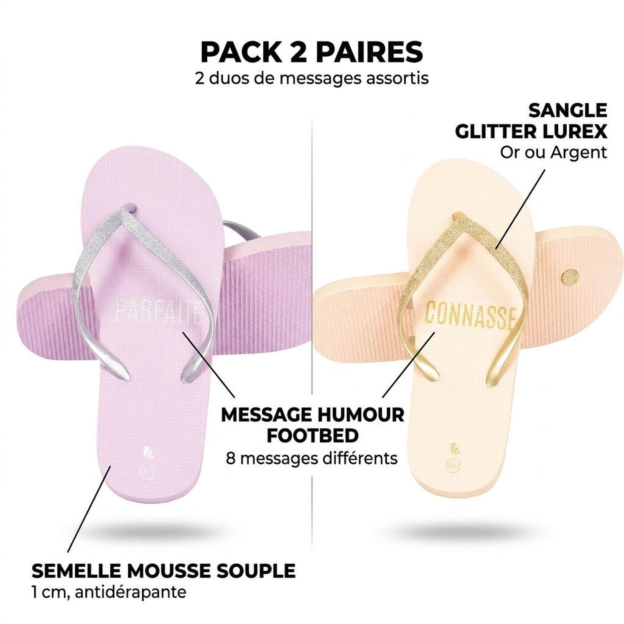 Voir la diapositive 3 : OZABI OZABI Pack 2 Paires Tongs Femme Glitter Message Humour