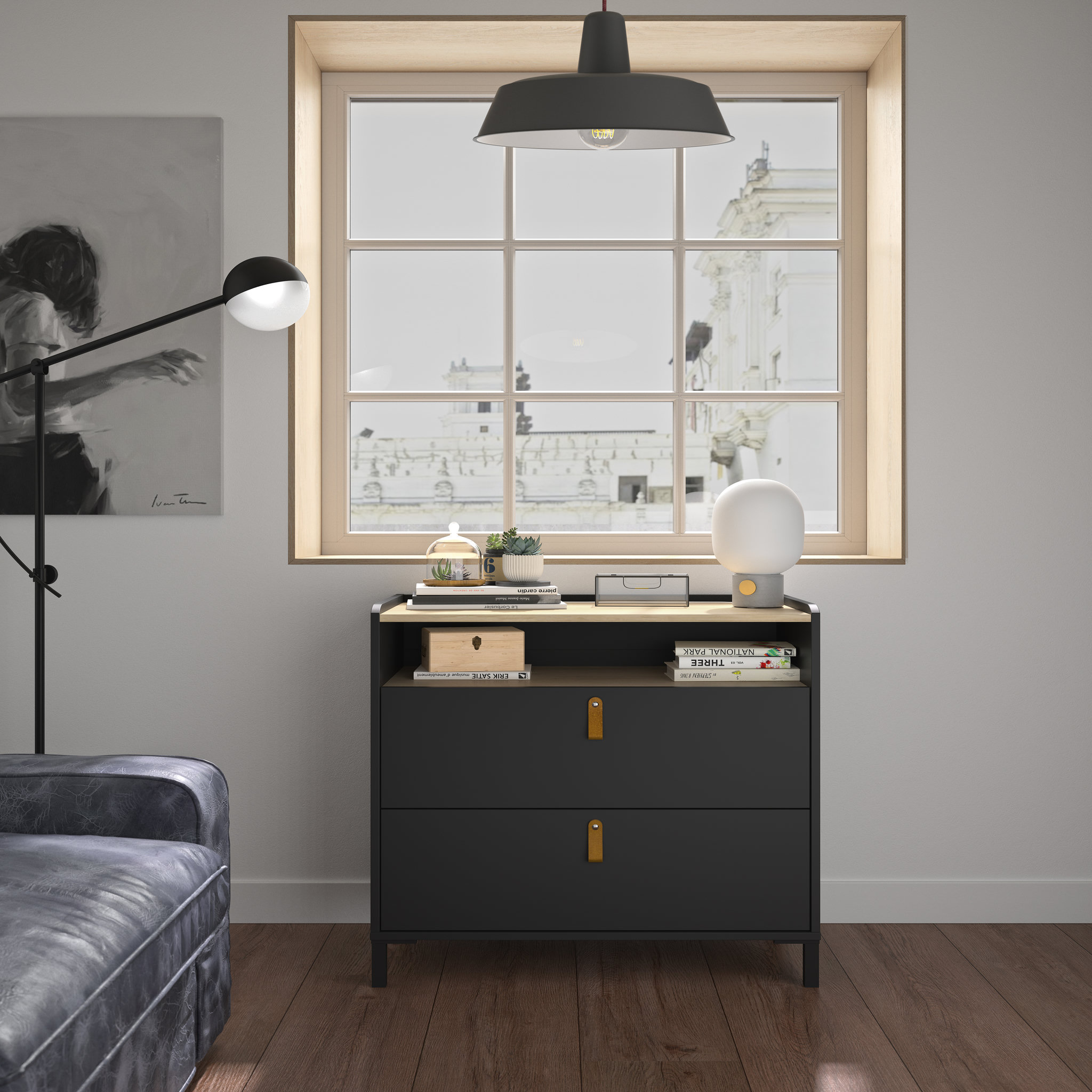 Voir la diapositive 4 : Commode 2 tiroirs L81xP44,5xH80cm COPENHAGUE