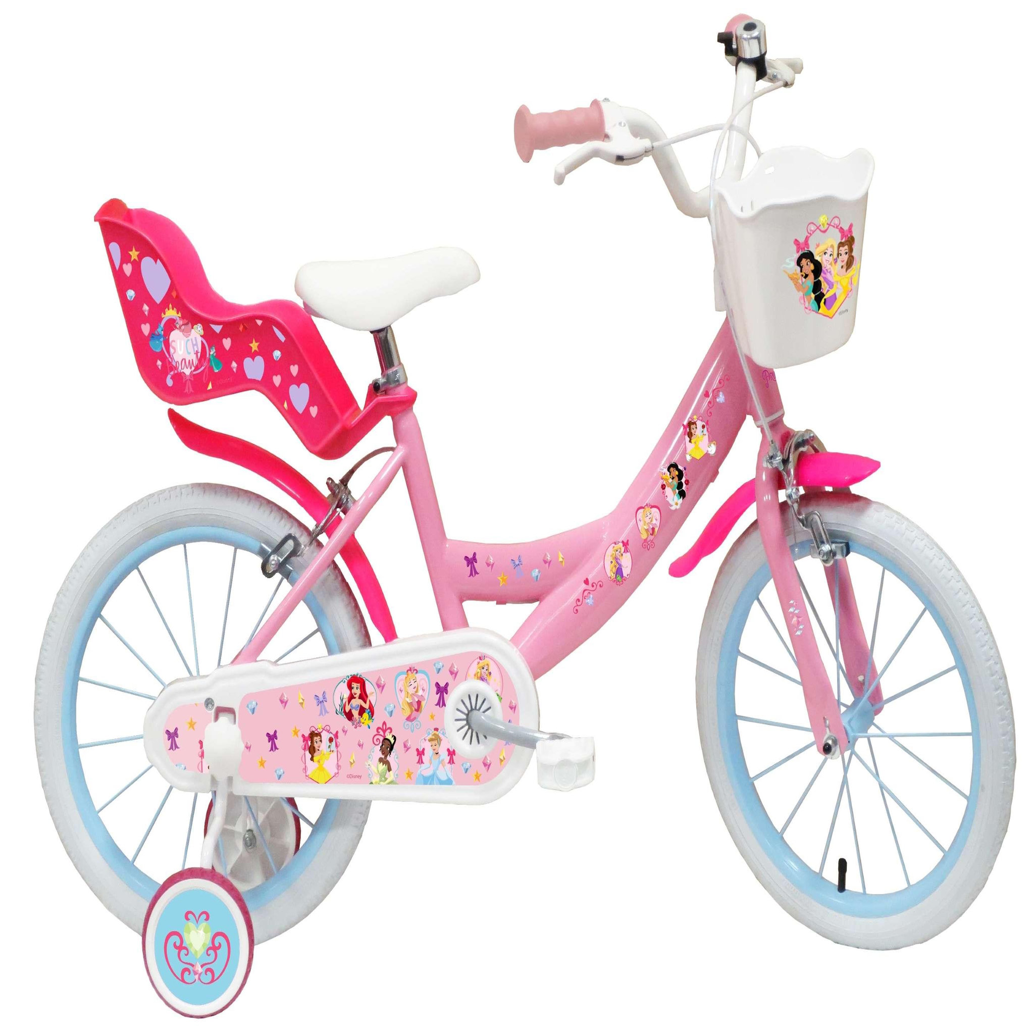 Disney Princesse Vélo enfant - Modèle 16'' Princesse de Disney pour enfant de 105/120 cm avec stabilisateurs - Panier avant - Porte poupée arrière - 2 freins