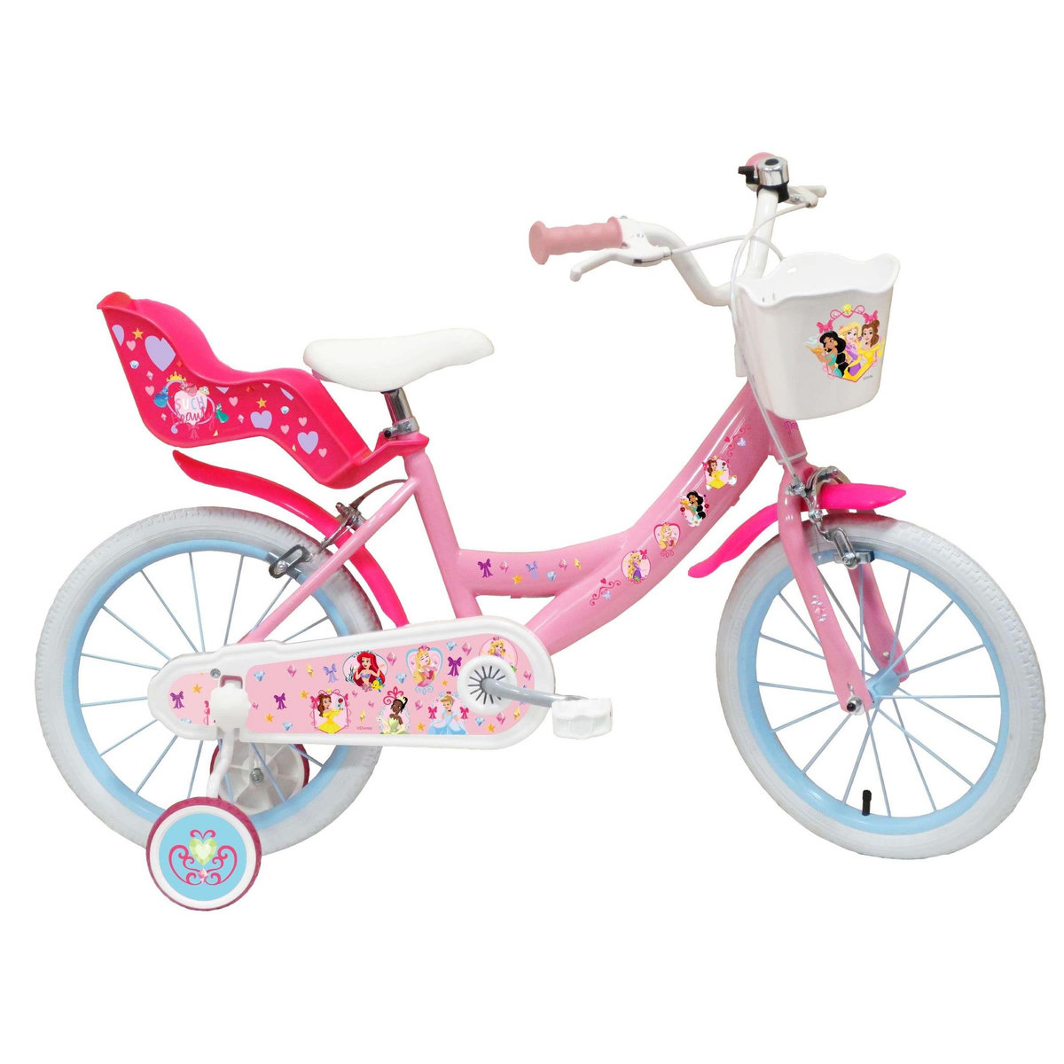 Disney Princesse Vélo enfant - Modèle 16'' Princesse de Disney pour enfant de 105/120 cm avec stabilisateurs - Panier avant - Porte poupée arrière - 2 freins