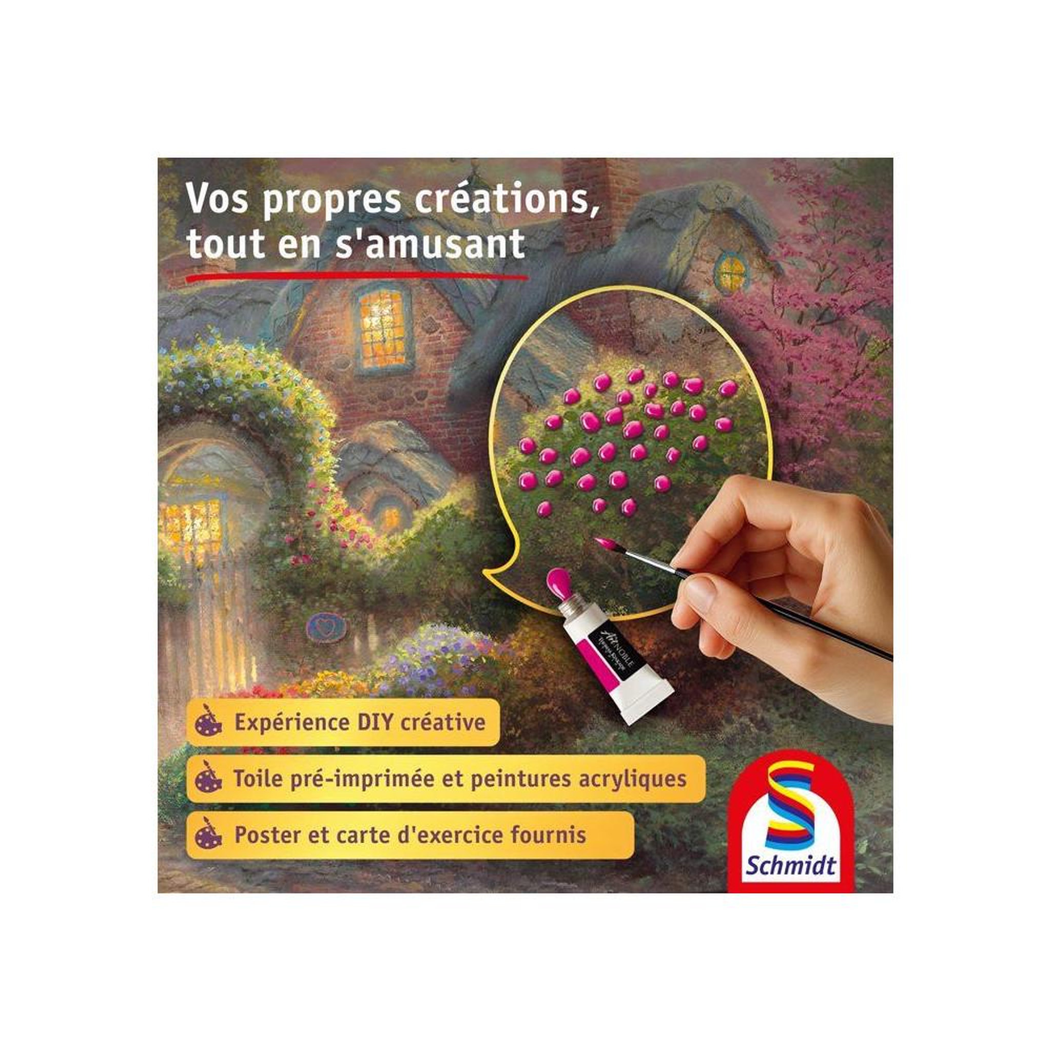 Voir la diapositive 3 : Schmidt Spiele Coffret peinture diy premium my artnoble thomas kinkade rosebud cottage, toile imprimée 50 x 40 cm, 8 peintures acryliques, pinceau rond et guide pas à pas