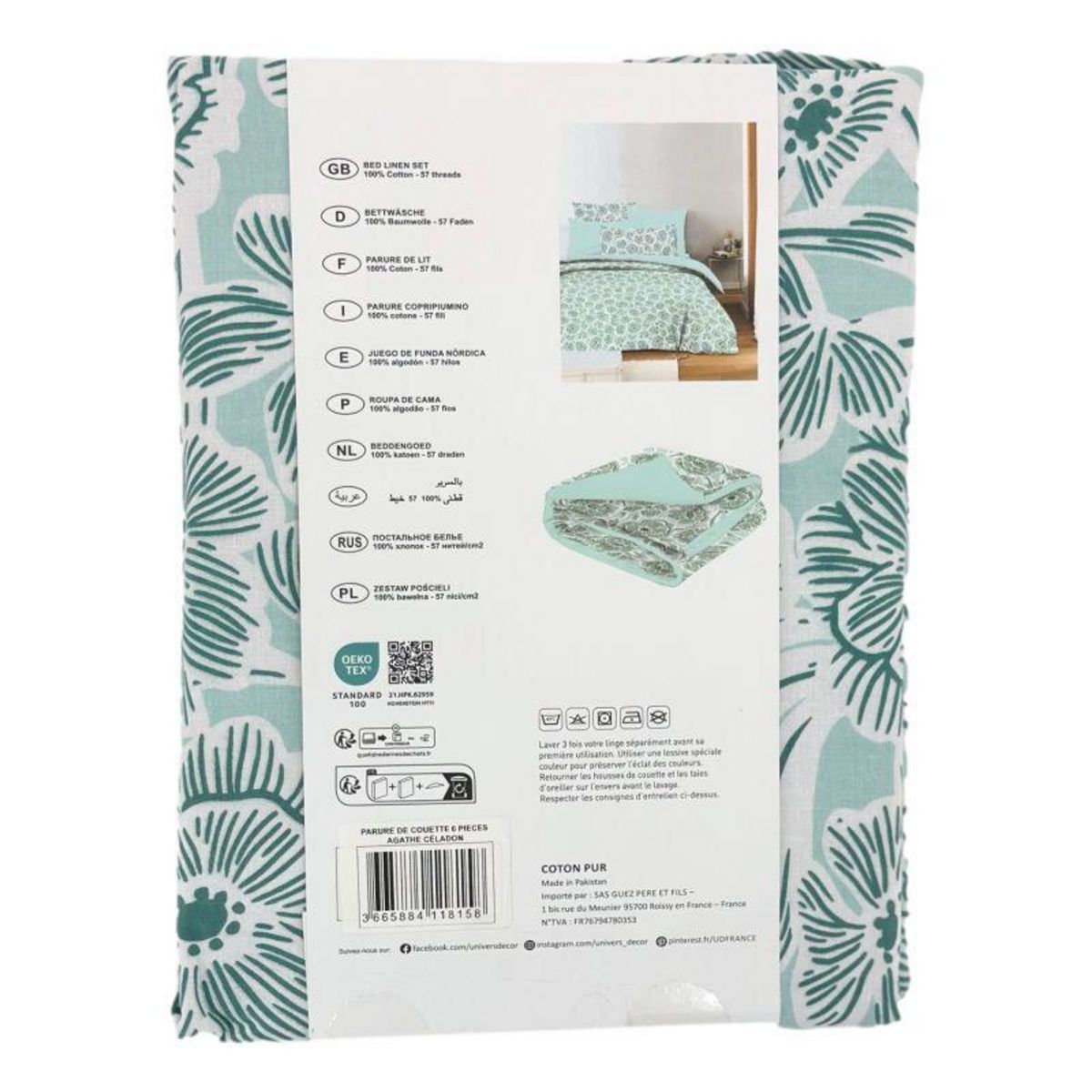 COTON PUR Pack complet housse de couette réversible pour lit 180 x 200 cm  King size  Agathe céladon