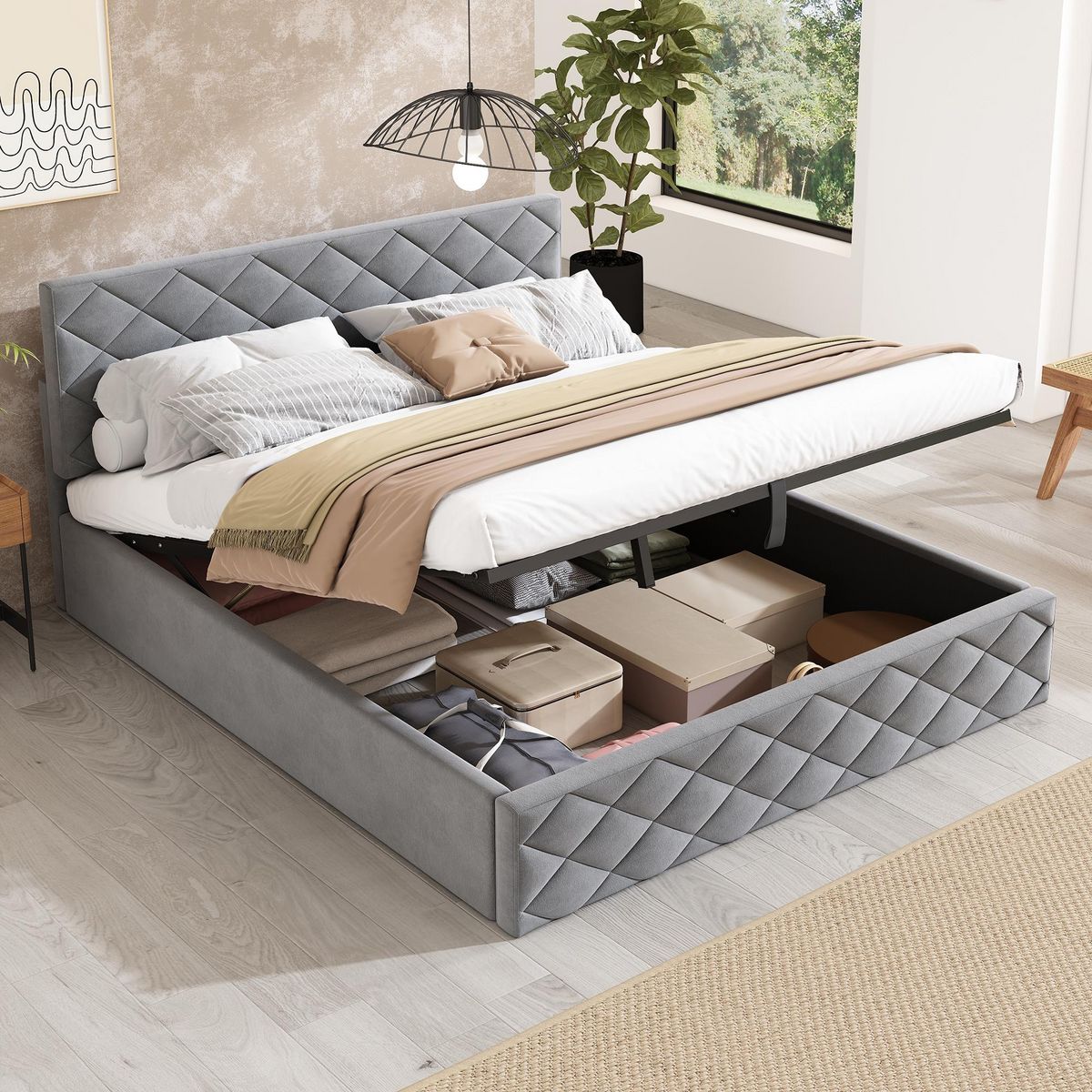 MERAX Lit coffre rembourré 140x200cm velours coloris gris