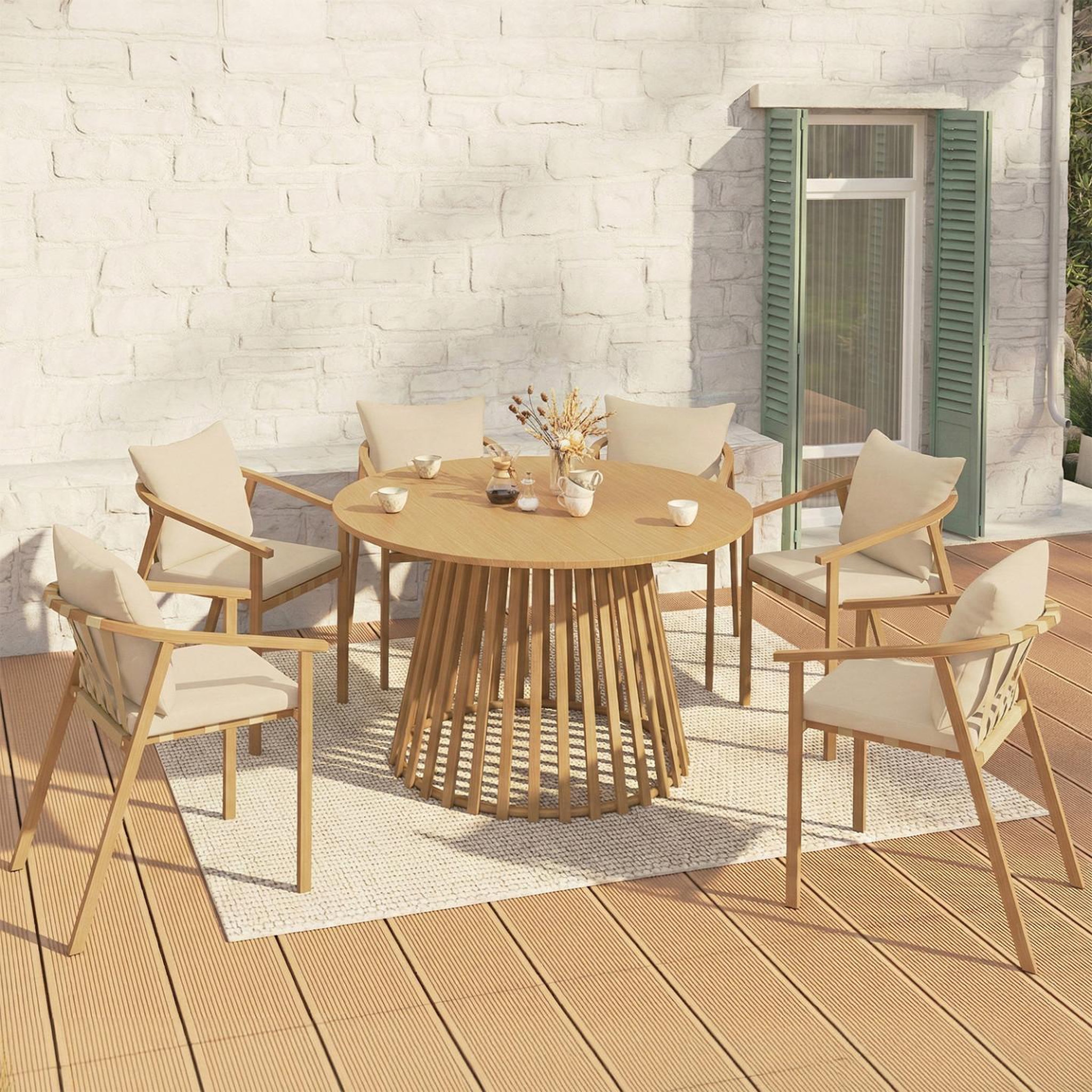 Voir la diapositive 2 : ID MARKET Salon de jardin solal table ronde 120 cm avec pied lattes en métal et 6 chaises de jardin avec lanières et coussins beiges