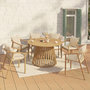 Voir la diapositive 2 : ID MARKET Salon de jardin SOLAL table ronde 120 cm avec pied lattes en métal et 6 chaises de jardin avec lanières et coussins beiges