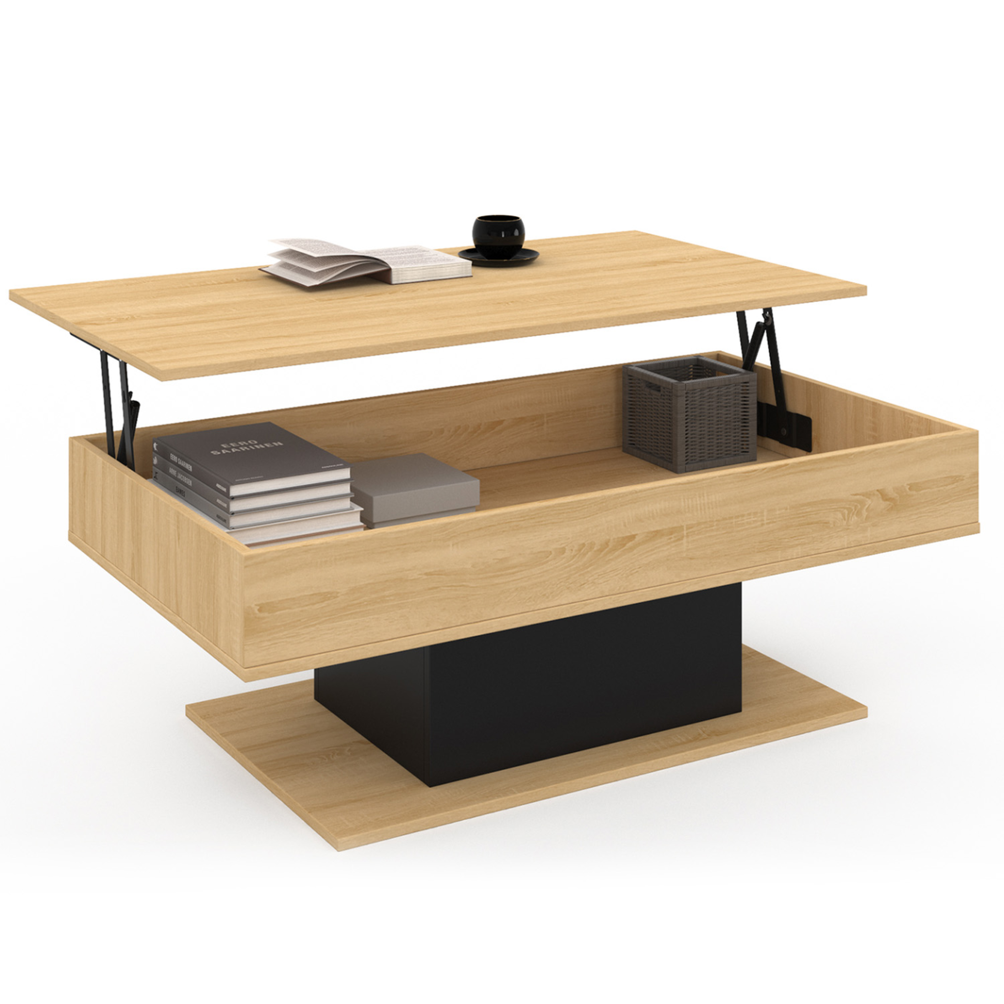 ID MARKET Table basse plateau relevable rectangulaire eden bois et noir