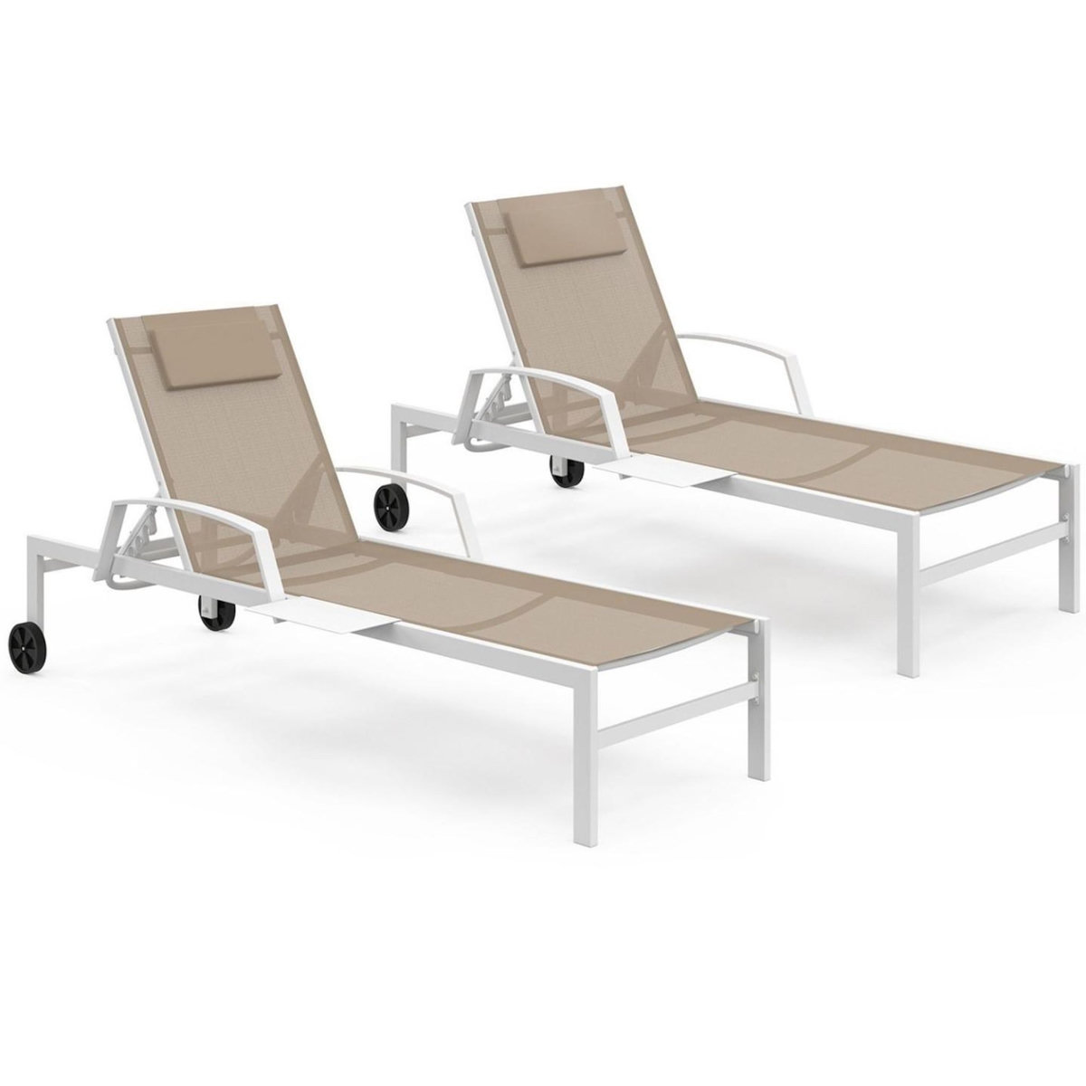 ID MARKET Lot de 2 transats de jardin inclinables JAVA avec tablettes en acier blanc et toile beige
